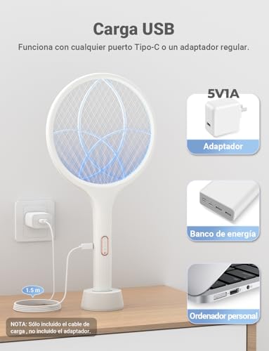 Thumbnail 1 de YISSVIC raqueta matamoscas eléctrica 2 en 1 de 4000V con USB recargable (blanco)