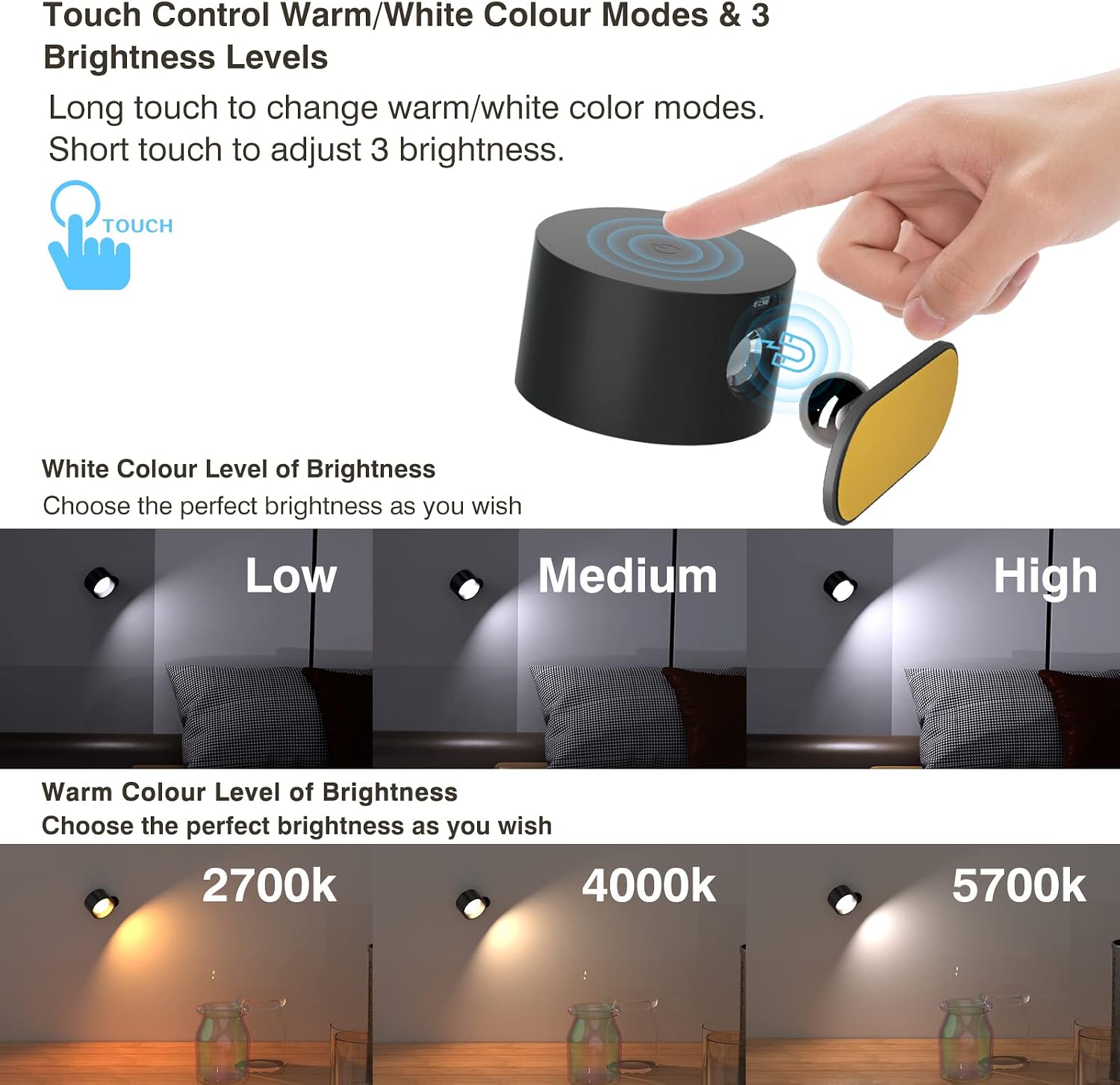 Detalle de Feallive Wall Light LED Wall Lamp with Rechargeable Battery, Dimmable Touch Control, 360° Rotatable, Black