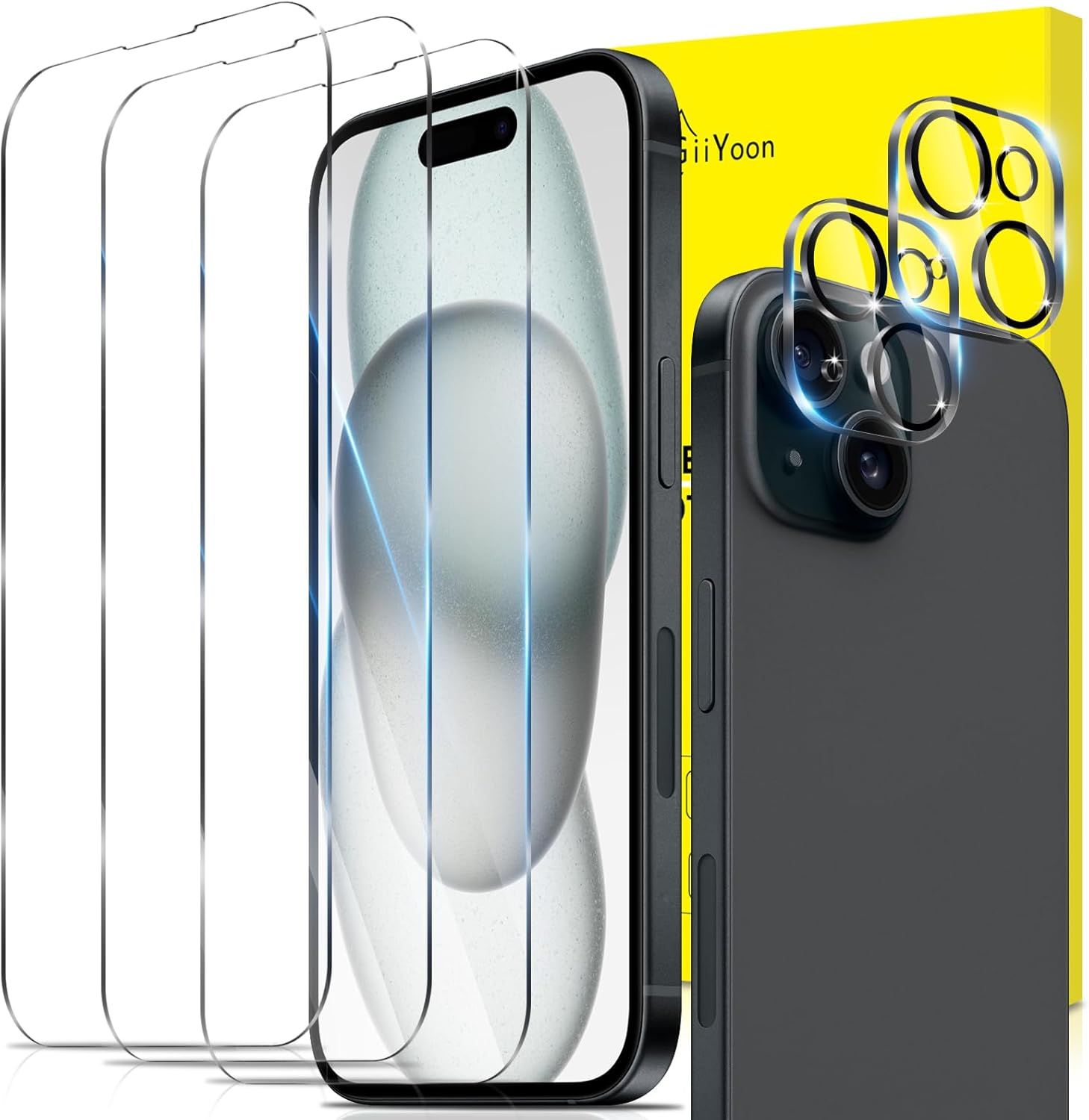 Detalle de GiiYoon 2+3 Pack Screen Protector for iPhone 15 Plus – 3 Tempered Glass Films + 2 Camera Lens Protectors