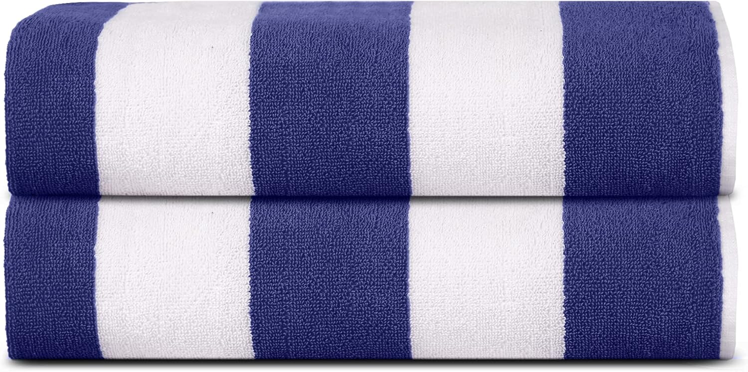 SweetNeedle 100% cotton terry beach towels (2-pack) – Royal Blue & White cabana stripe, 100 x 150 cm