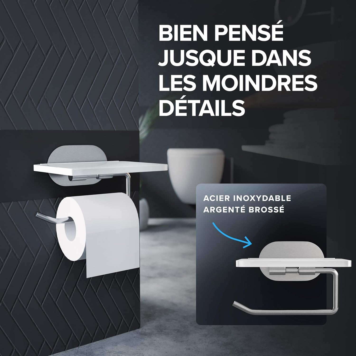 Thumbnail 5 de Ovimar Helnaes Porte-rouleau de Papier Toilette avec Étagère en Verre Argenté 3M – Autocollant à Coller