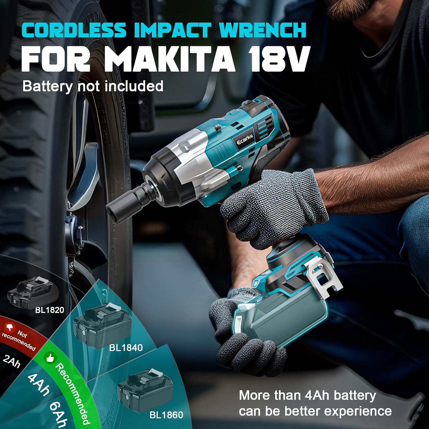 Detalle de Ecarke boulonneuse sans fil 2200 Nm compatible 18V Makita – clé à chocs 1/2" sans balais avec LED (sans batterie)