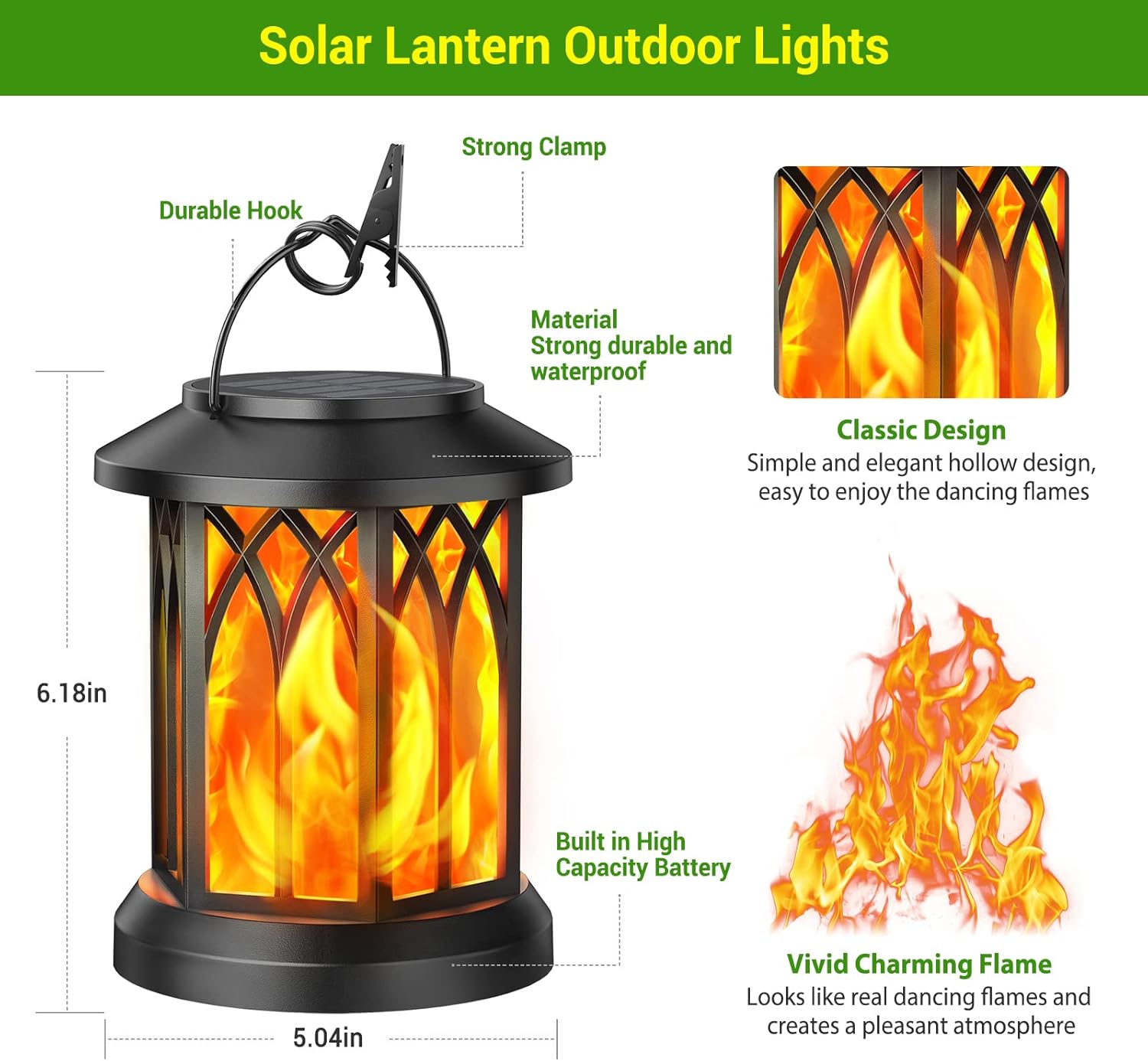 Detalle de KOOPER Solar Garden Lights Outdoor 4 Pack: Hanging Lanterns with Realistic Flickering Flame LED