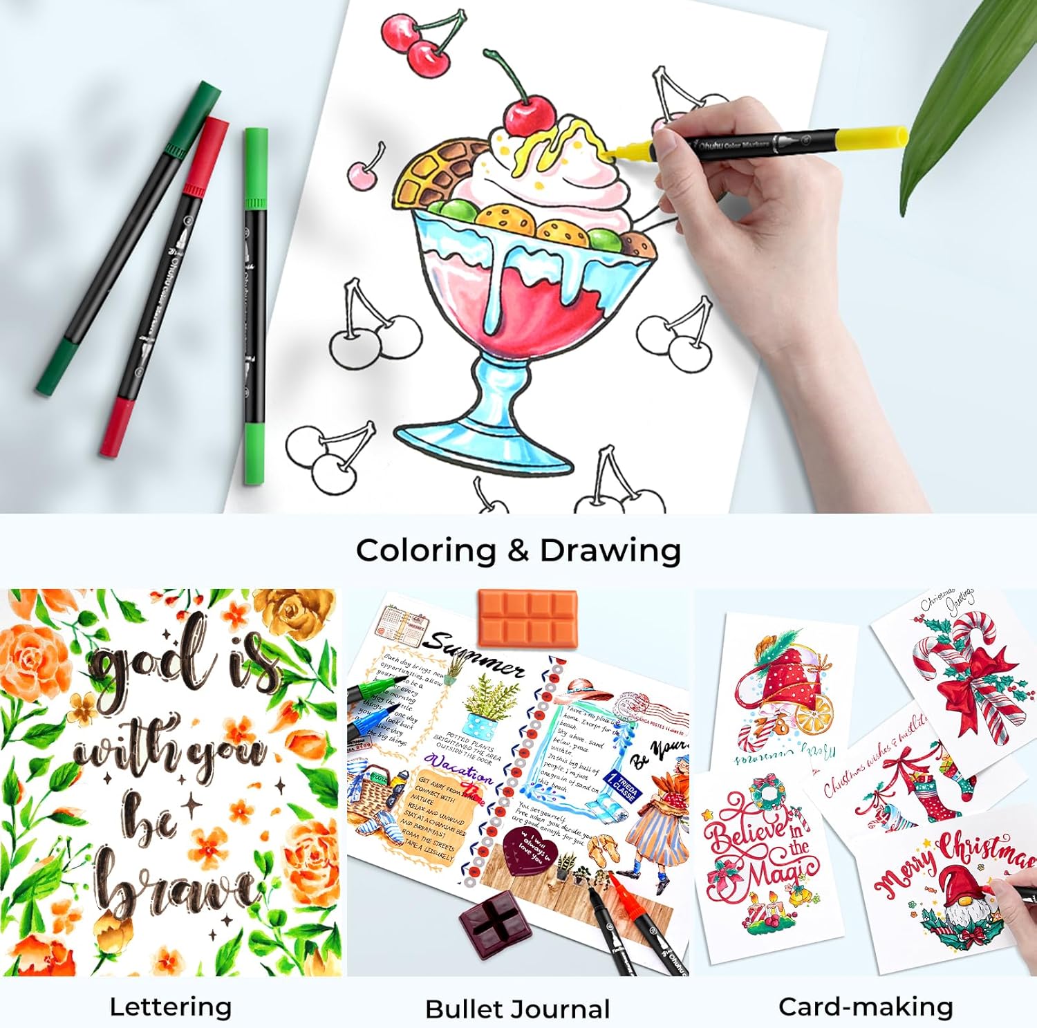 Thumbnail 5 de Ohuhu Feutres coloriage adulte aquarelle double pointe Maui, 100 couleurs (boîte noire)