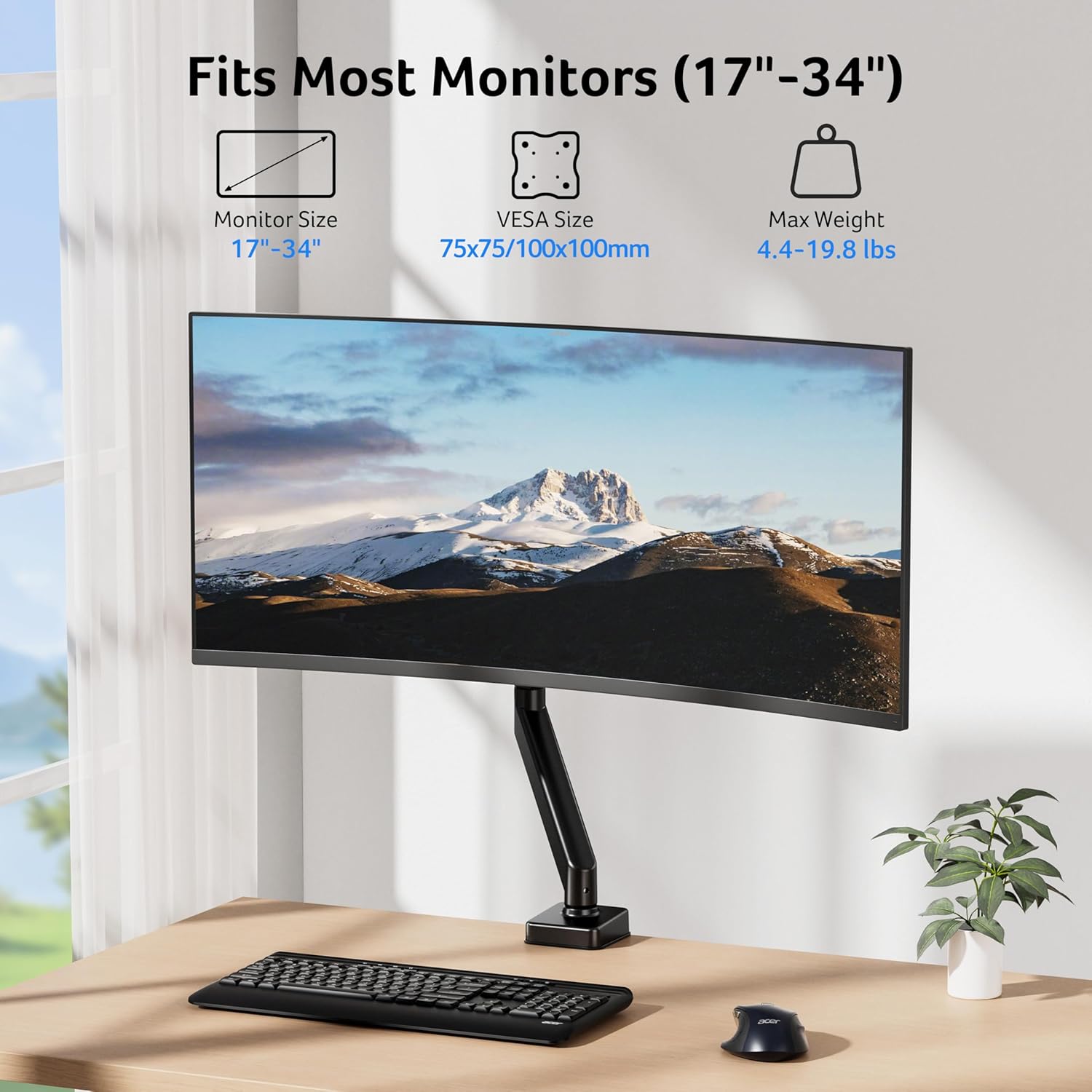 Detalle de Acer single monitor arm desk mount (17–34 inch) with gas spring, tilt/swivel/rotate, VESA 75/100
