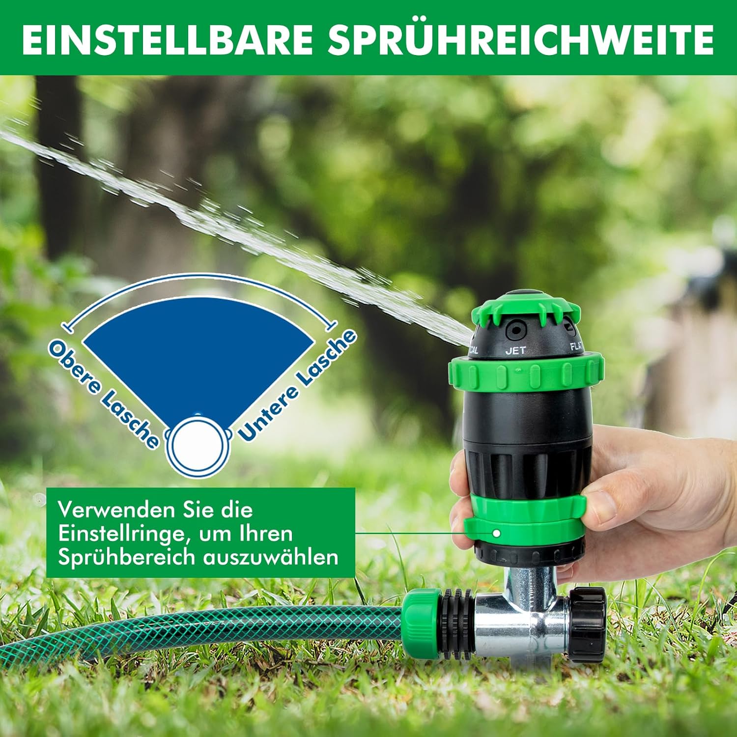 Thumbnail 3 de RESTMO Getriebe-Sprinkler 2er-Set mit Metallspike-Basis – 15 m Reichweite, 180 m² Abdeckung, 5 Sprühmuster