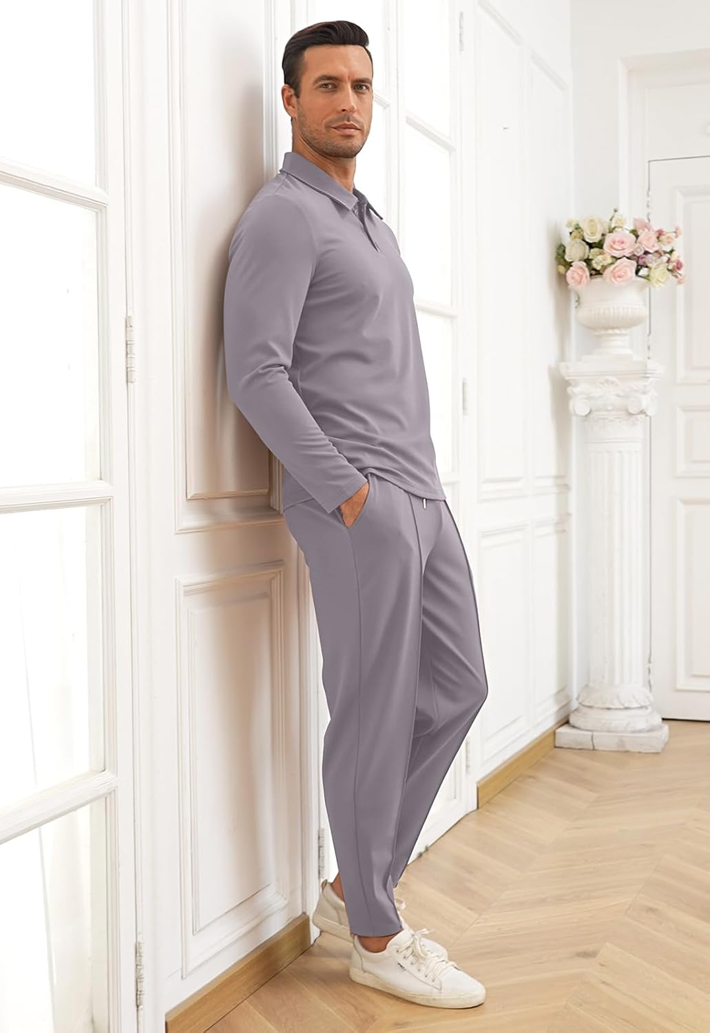 Detalle de KUYIGO Men's Tracksuits Polo 2 Piece Outfit – Polo neck, waffle knit, 2-piece tracksuit