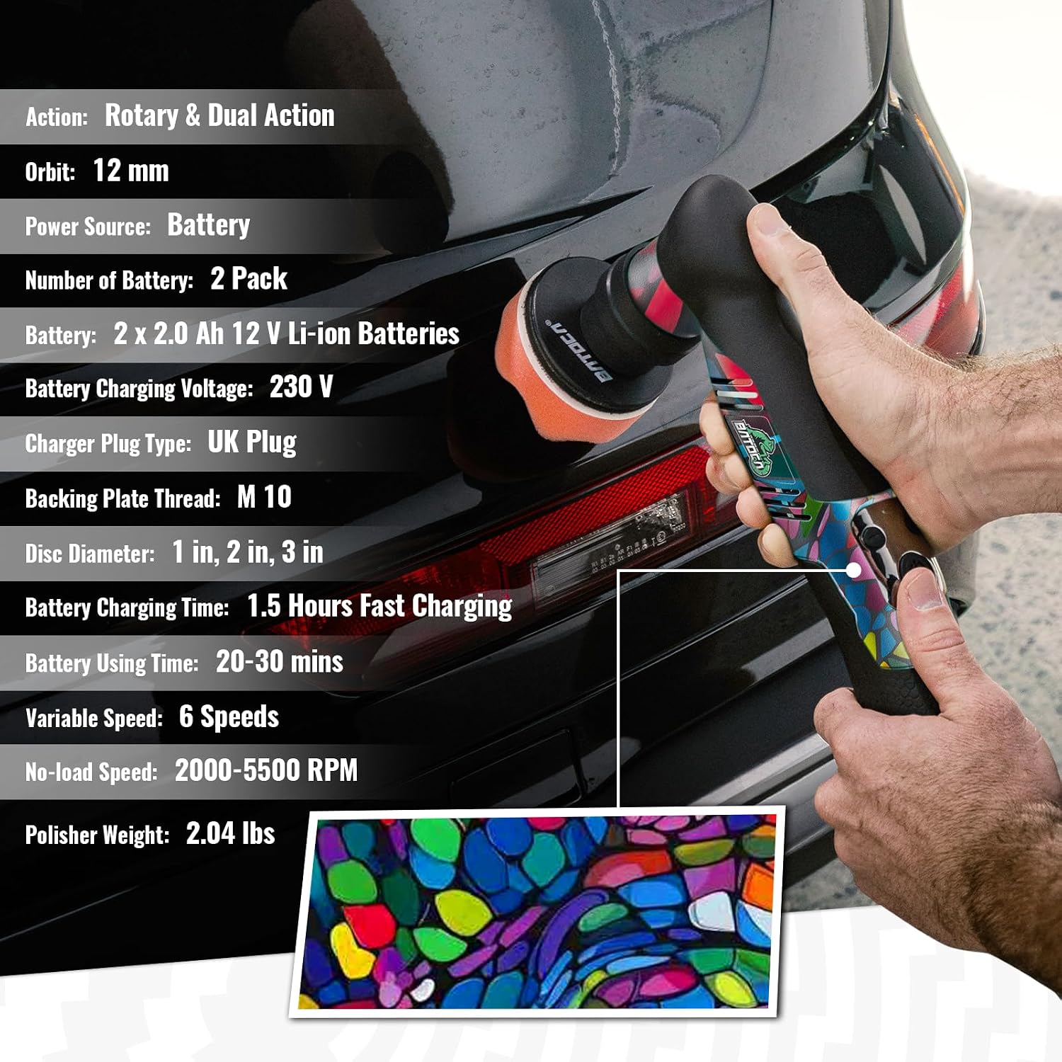 Thumbnail 1 de BATOCA S5 Cordless Mini Car Polisher Buffer Sander (Rotary & Dual Action) with 2x 12V Batteries and 1/2/3-inch Pad Kit