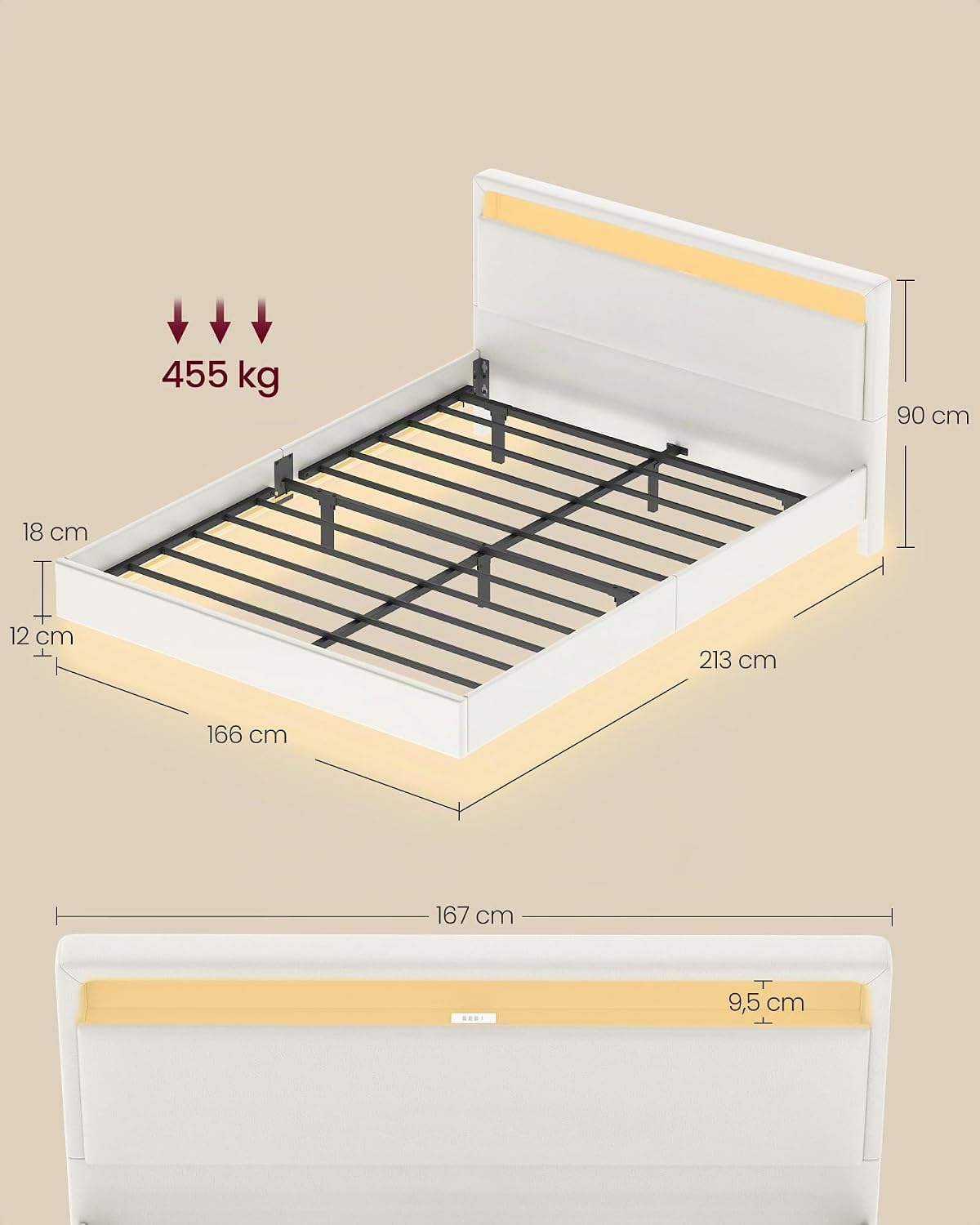 Thumbnail 1 de VASAGLE KACY RMB864W01 – rama łóżka 140 × 200 cm z LED i stacją ładującą