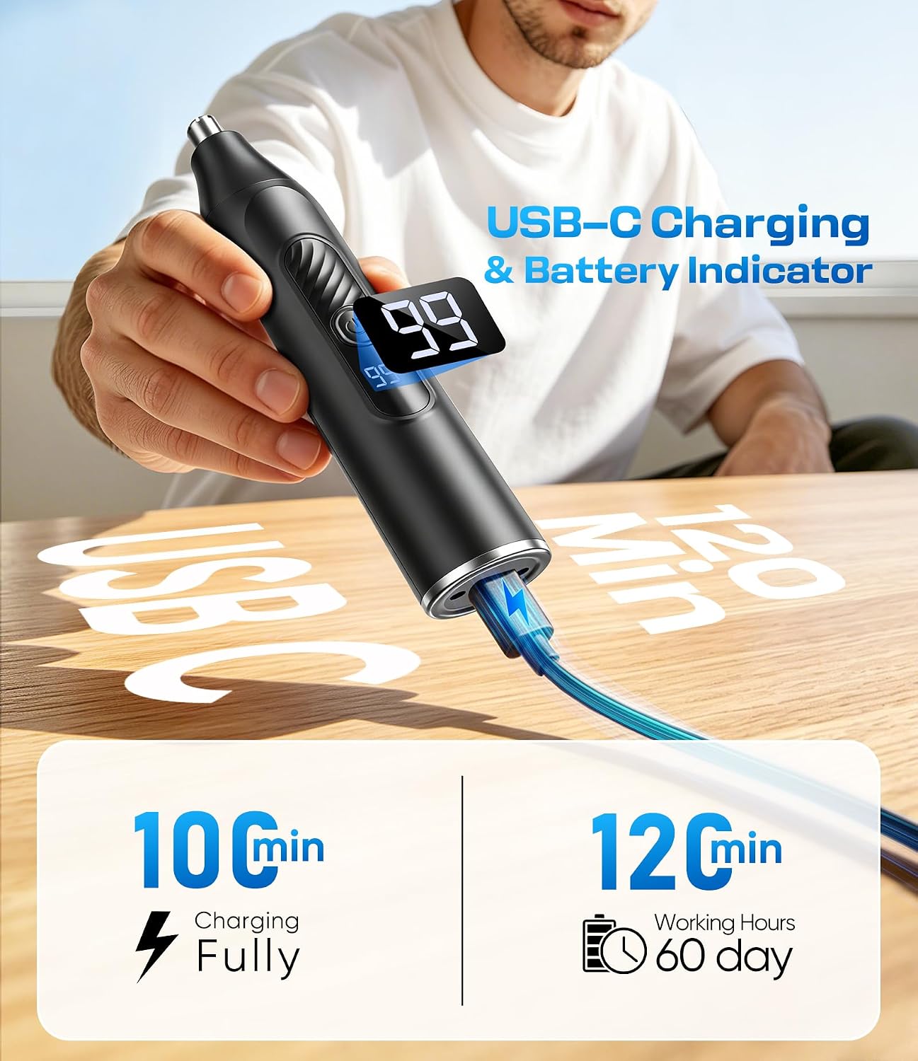 Detalle 2 de Nose Hair Trimmer 3-in-1 for Men and Women – Rechargeable USB-C with LED Display