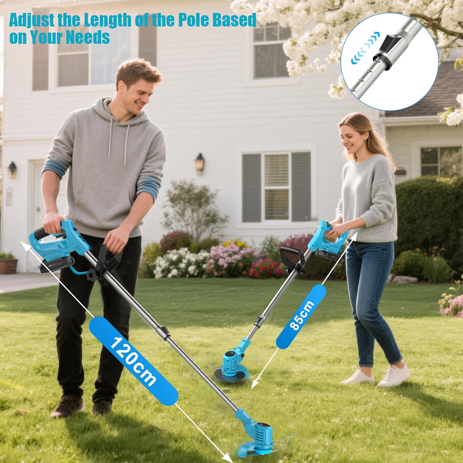 Thumbnail 4 de Cordless Strimmer 21V with 2 Batteries – Garden Trimmer with 2 Metal Blades, Pruning Shears and Adjustable Pole (Blue)