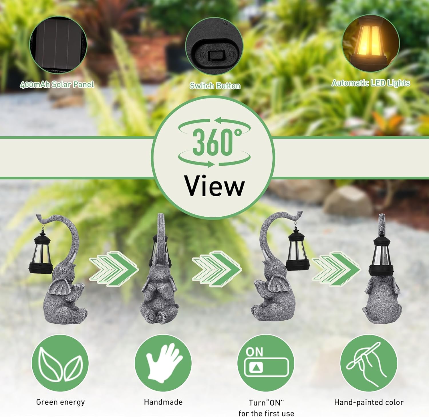 Thumbnail 4 de RICHIE Solar Elephant Statue Garden Ornament with Warm LED Lantern Lights