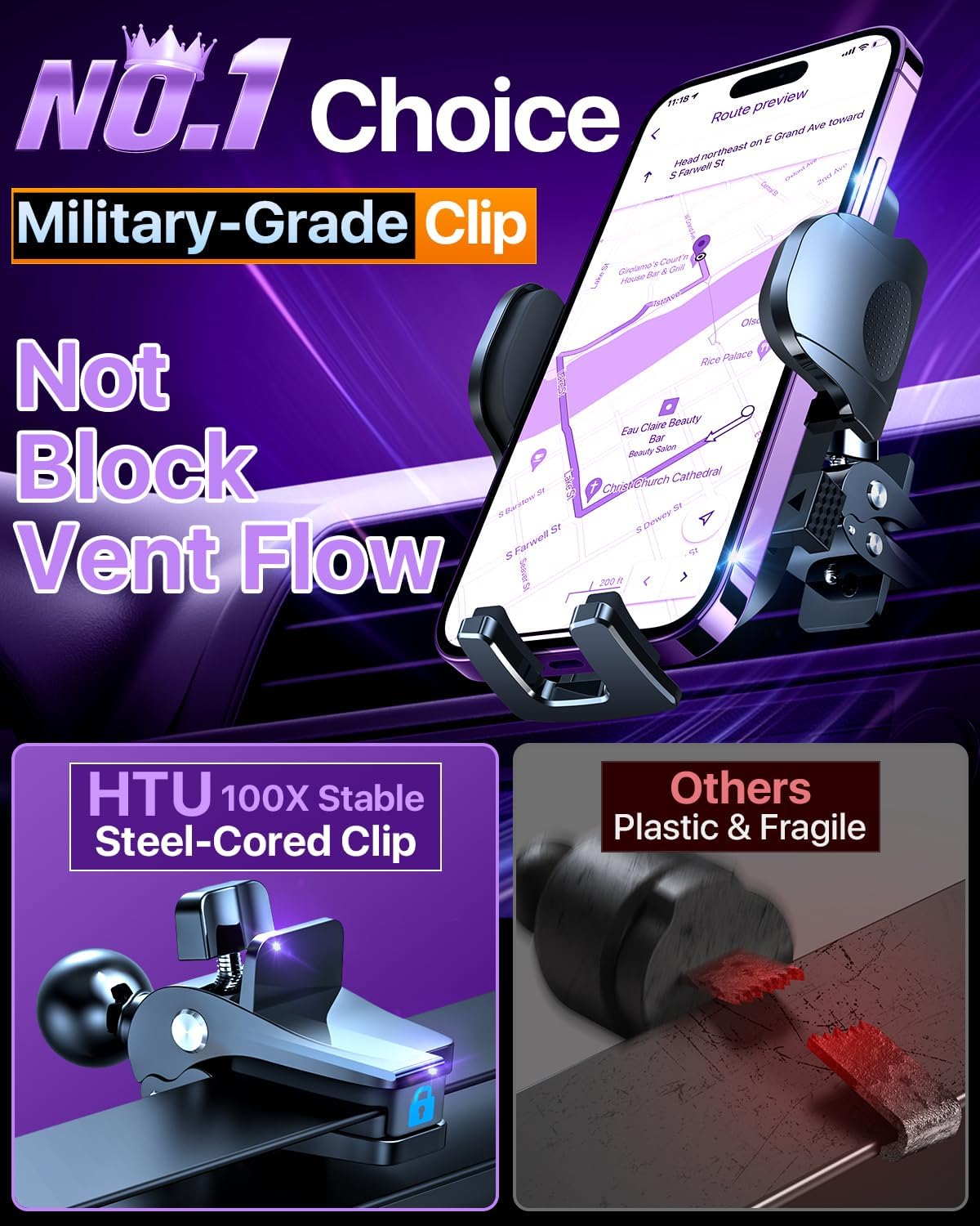 Detalle de HTU 5-in-1 Car Phone Mount, Purple, with 360° Rotating Suction Base
