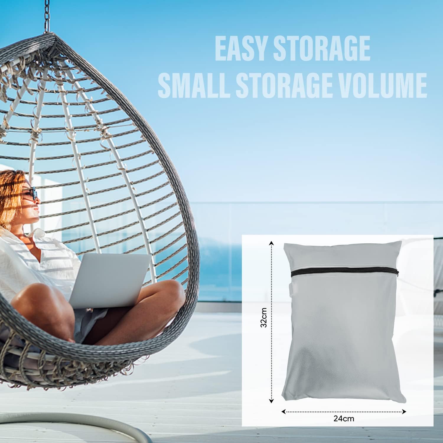 Detalle 2 de Patio waterproof hanging egg chair cover (115x190cm) in 210D Oxford fabric with zipper – Black