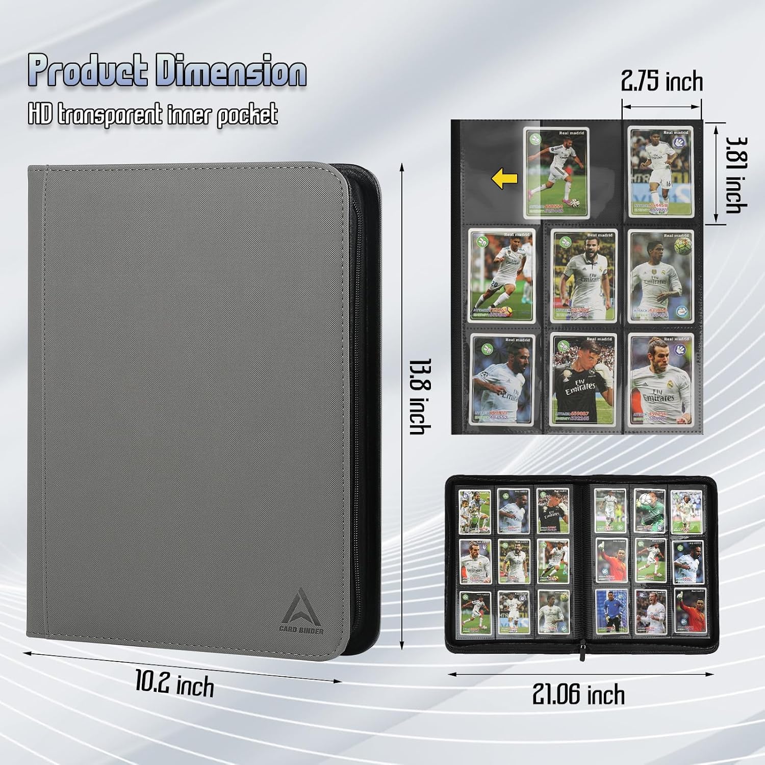 Detalle 2 de Arkeiliy 9-Pocket Card Binder, 540-Card Capacity, Zipper, Gray PU Leather