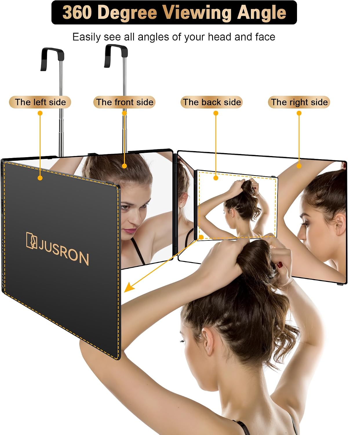 Detalle de JUSRON Specchio Trucco a 3 Vie – Portatile, 360° e Altezza Regolabile