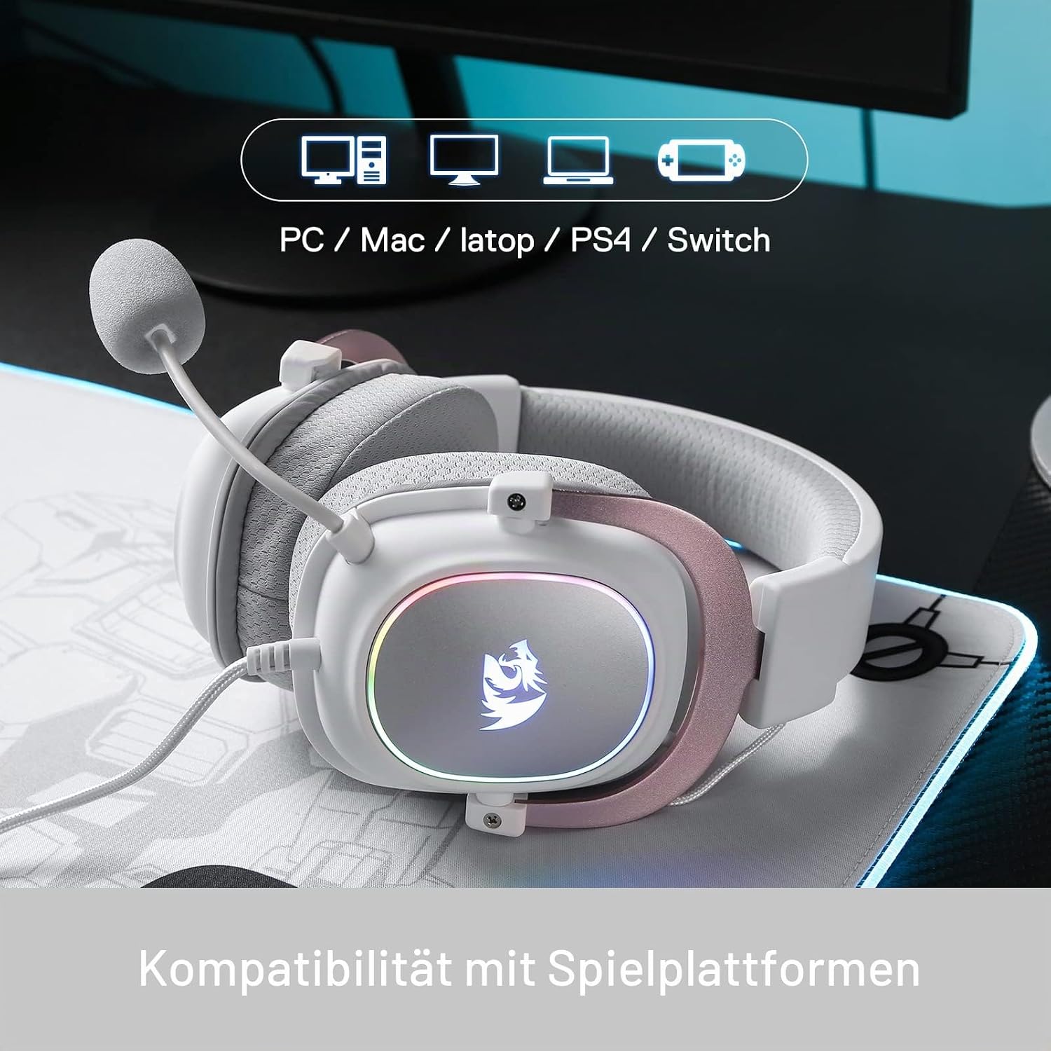 Thumbnail 6 de Redragon H510 RGB Weiß Gaming Kopfhörer – 7.1 Surround, 53 mm Treiber, Memory Foam