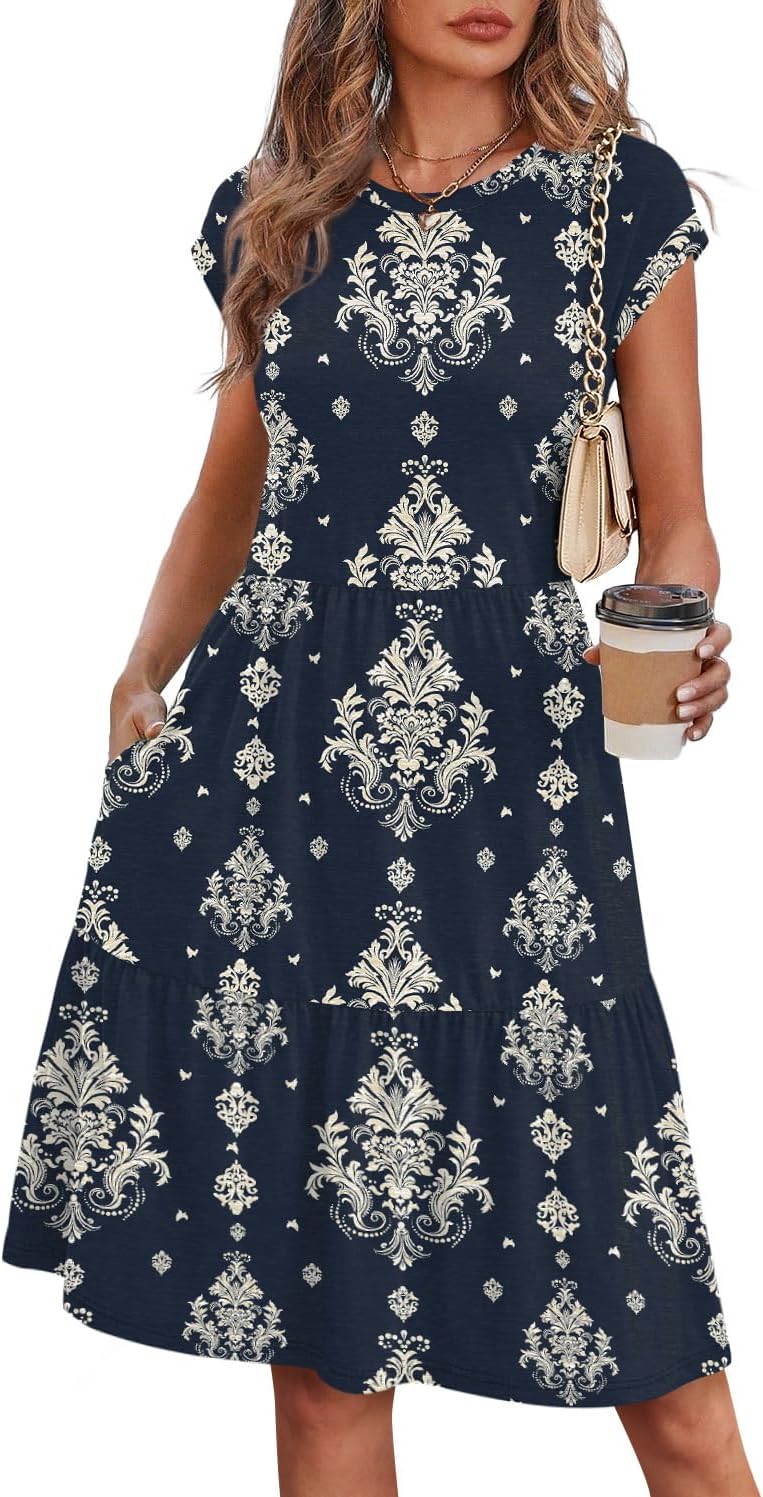 Detalle de WIHOLL Summer Dresses for Women 2026 Cap Sleeve Floral Tiered Sundress
