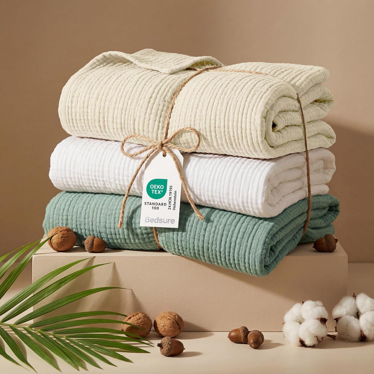 Thumbnail 4 de Bedsure 100% Cotton Muslin Throw Blanket – Soft, Breathable 4-Layer Gauze, Sage Green, 150x200 cm