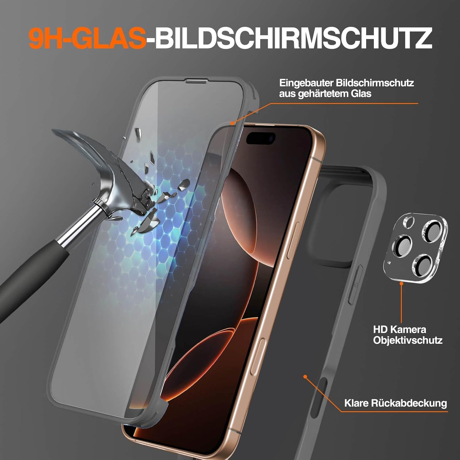 Thumbnail 2 de Leedia 360° Schutzhülle für iPhone 16 Pro Max (6,9") mit integriertem Displayschutz + 2× Kameraschutz – Grau