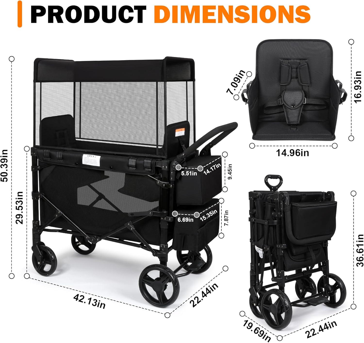 Thumbnail 5 de Wagon Stroller for 2 Kids, High Seat & 5 Point Harness - All-Terrain Foldable Wagon with Canopy (Black, W2-M)