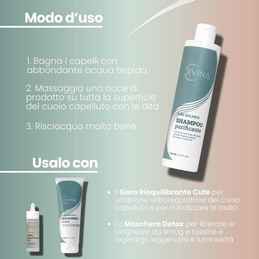 Detalle de DIVINA BLK Curl Balance Shampoo Purificante 250 ml: detersione delicata per capelli mossi, ricci, afro
