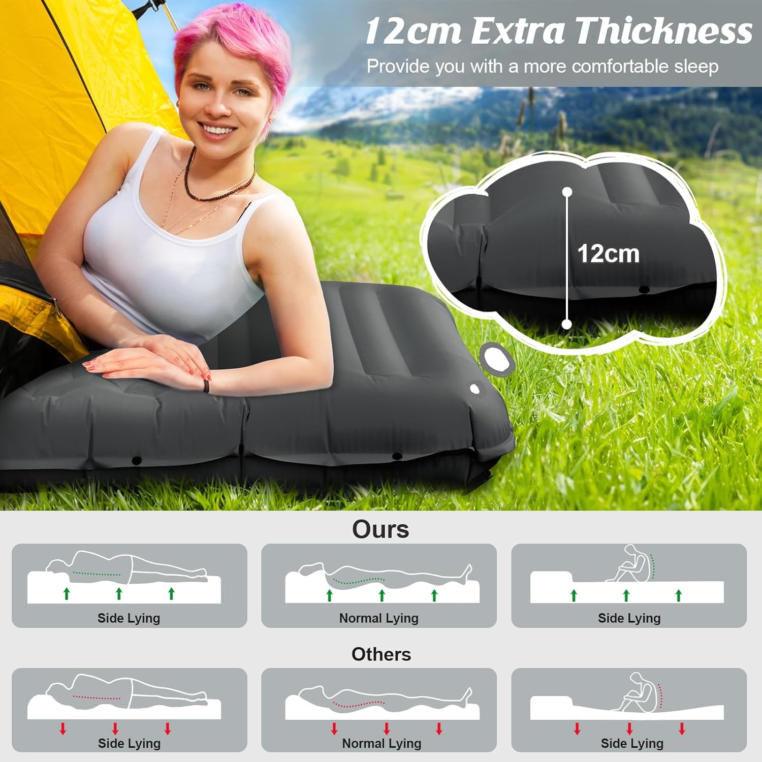 Thumbnail 2 de Hsweeth Matelas Camping Auto-gonflant 12 cm – Tapis 195 x 64 cm, Pompe à Pied, Ultra-léger et Imperméable