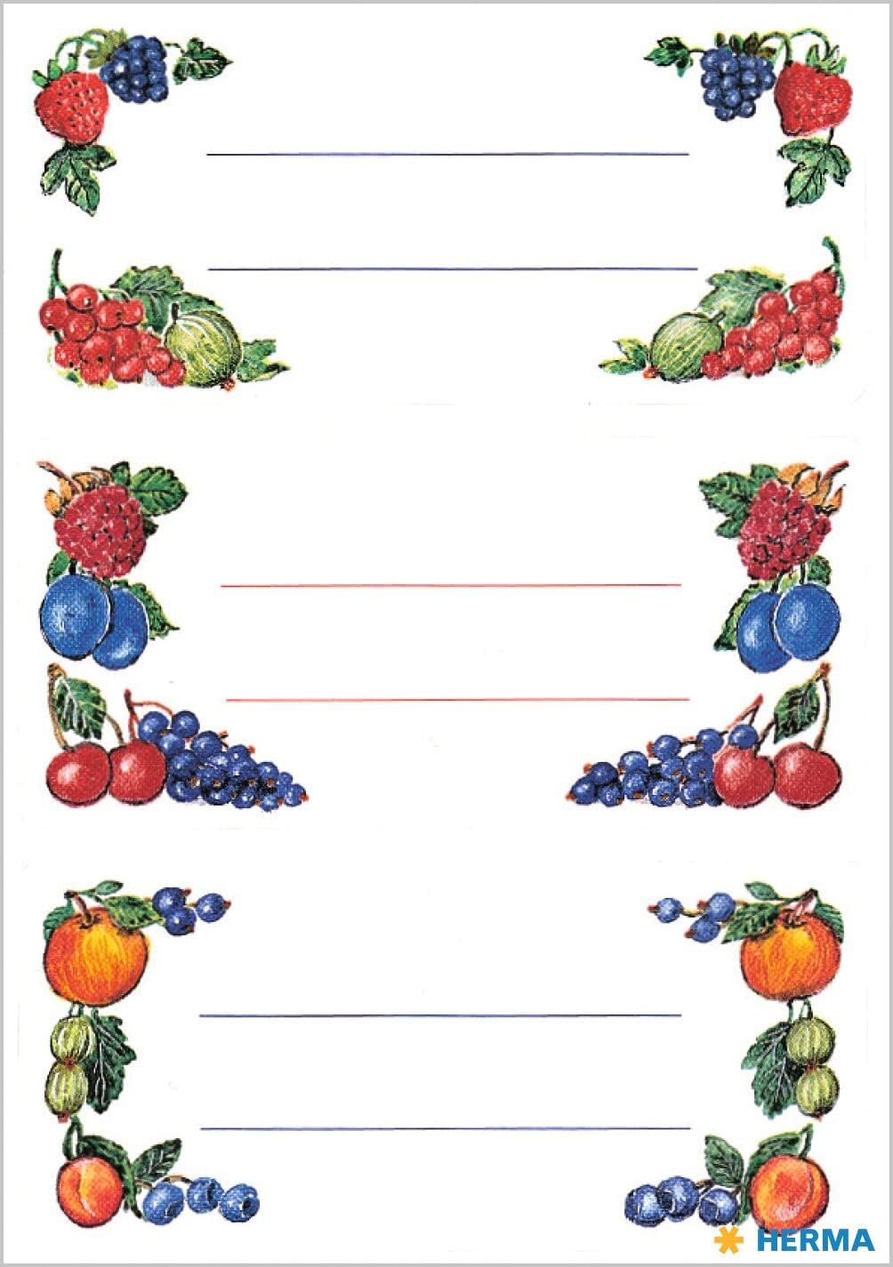 Detalle de HERMA 3784 självhäftande syltetiketter i papper, fruktmotiv, 76 × 35 mm