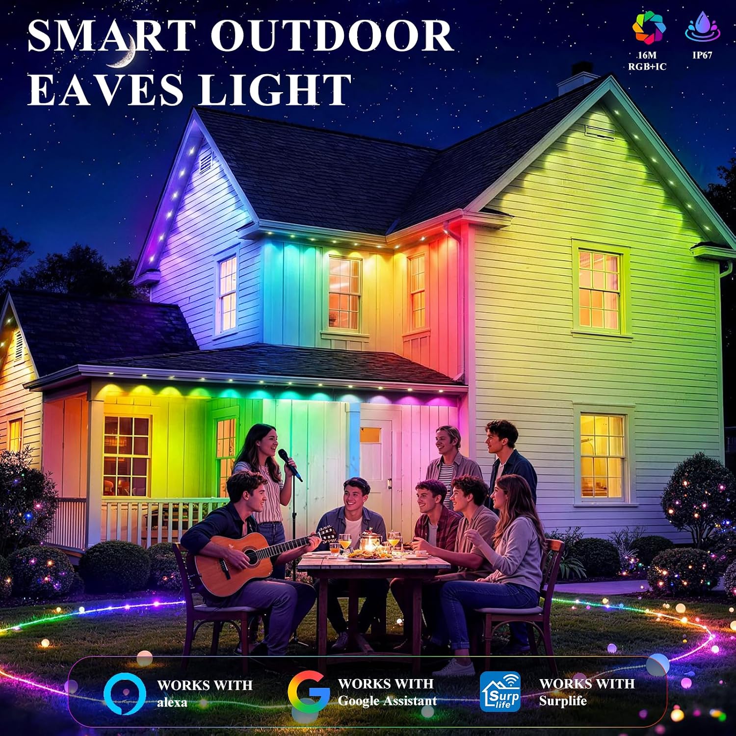 Detalle 2 de JNUNUSE 200FT Permanent Outdoor LED Lights, RGB+IC, IP65, App & Remote Control