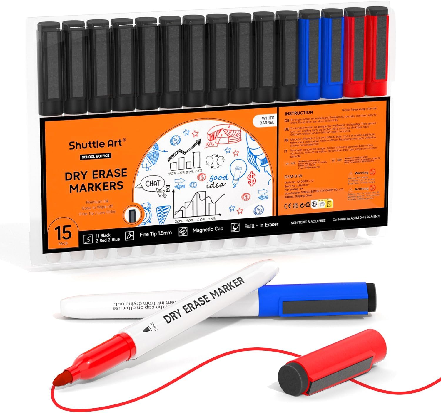 Thumbnail 4 de Shuttle Art Whiteboard Marker Set – 20 Stück mit feiner Spitze, Radiergummi & Magnet