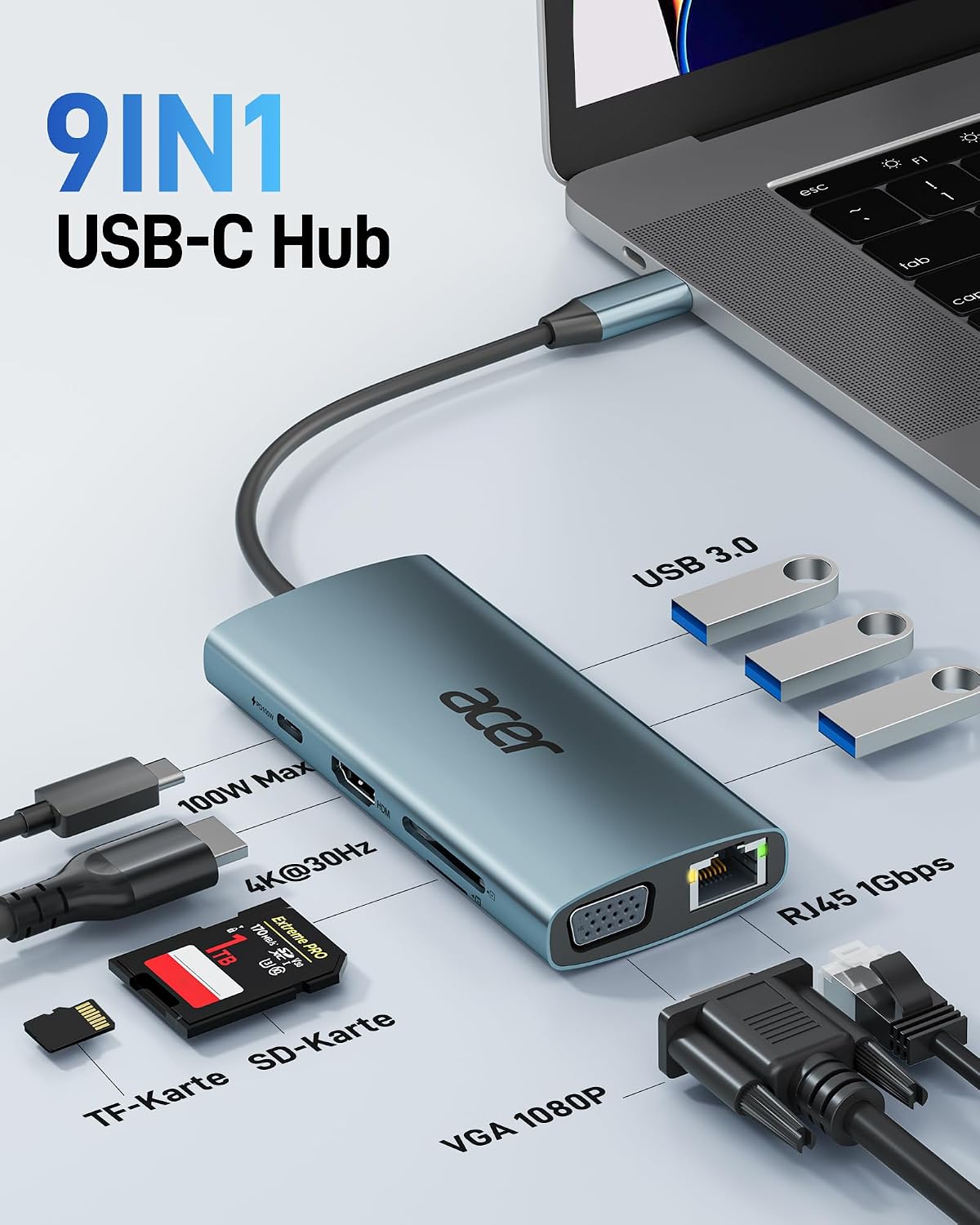 Detalle de Acer USB-C Hub Docking Station 9in1 mit 4K HDMI, VGA, USB 3.0, Gigabit-LAN, SD/ microSD und 100W PD