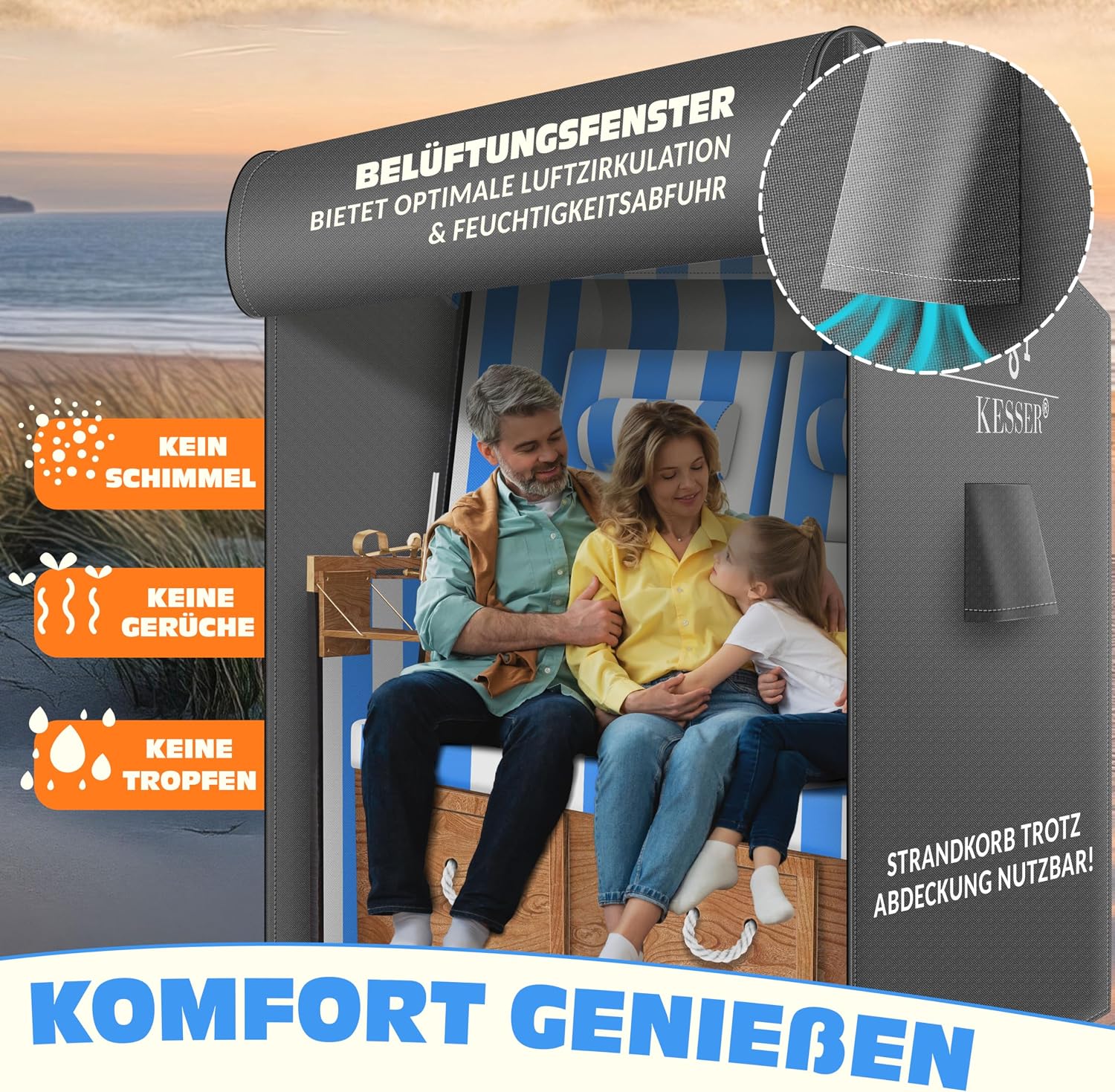 Thumbnail 4 de KESSER Premium Strandkorb Schutzhülle – Wasserdicht, UV-beständig und luftdurchlässig (120x90x160 cm) Grau