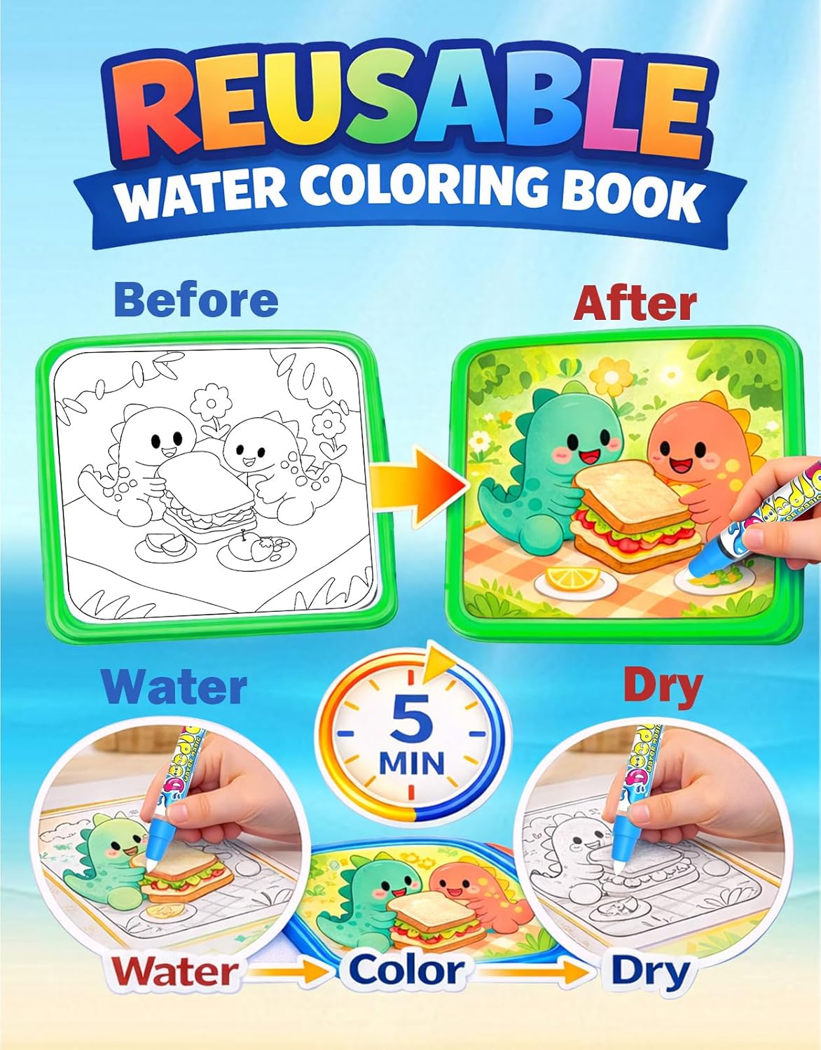 Thumbnail 3 de Reusable 10 Pages Mermaid Water Painting Book for Toddlers (Ages 1-3): Mess-Free, Travel-Friendly