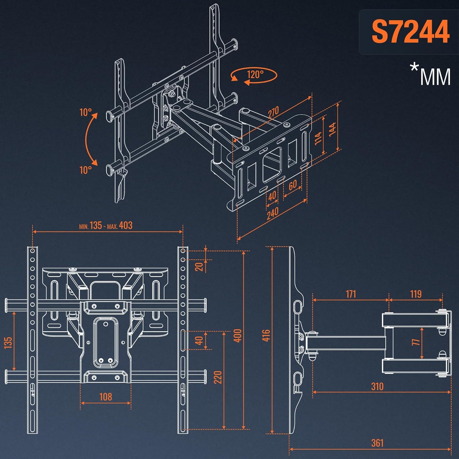 Thumbnail 5 de RICOO S7244 Support TV mural orientable 32-65