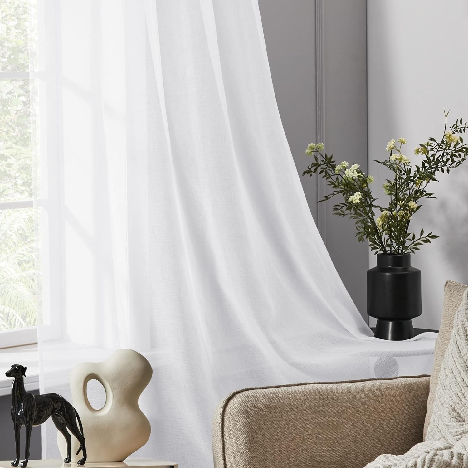 Thumbnail 4 de Deconovo - Tenda con occhielli effetto lino, voile trasparente, set da 2 pezzi 140×240 cm, bianco