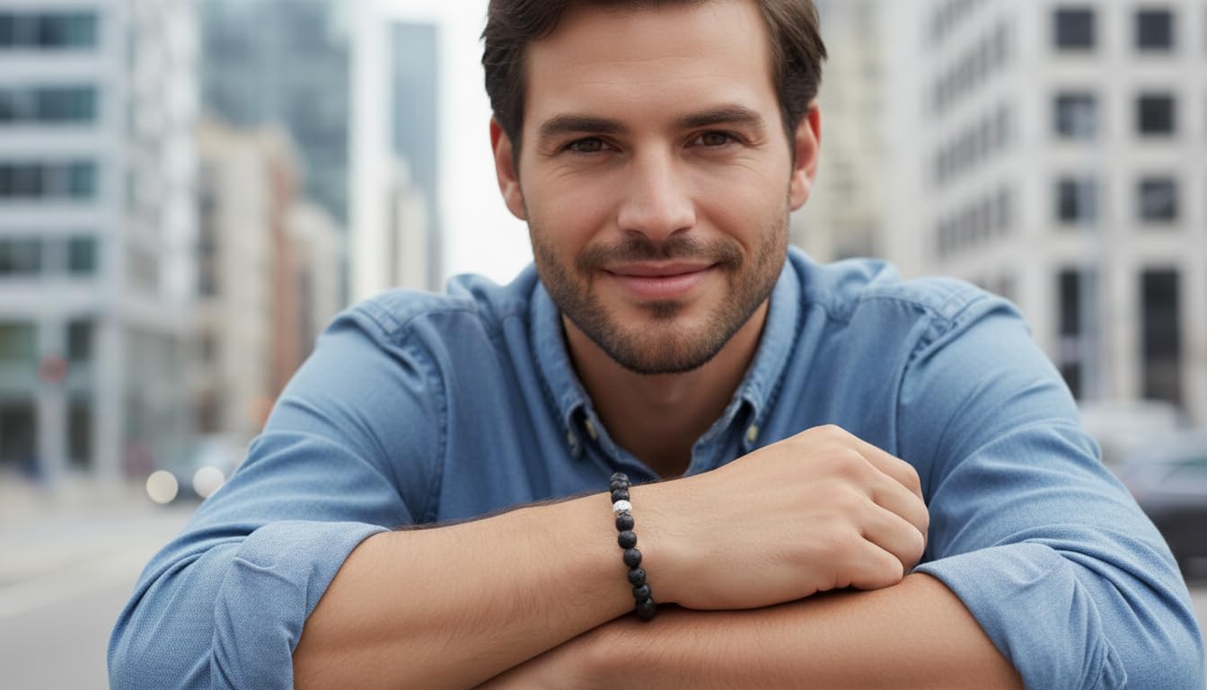 Detalle de 10:10 Bracciale Uomo Pietre Naturali 8 mm – Braccialetto Regolabile in Pietra Lavica, Made in Italy