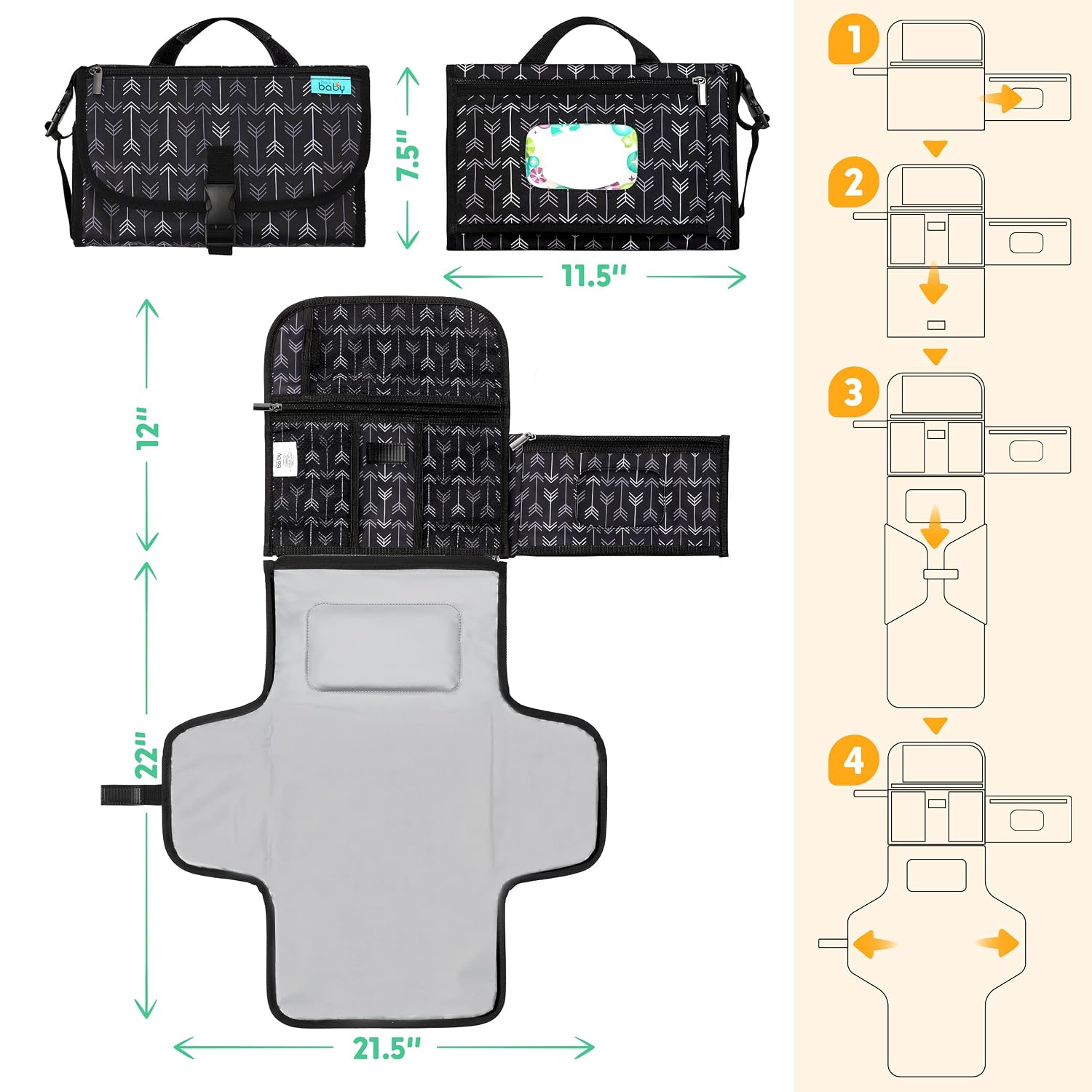 Detalle 1 de Kopi Baby Portable Diaper Changing Pad, 22-In Waterproof Pad, Black Arrows
