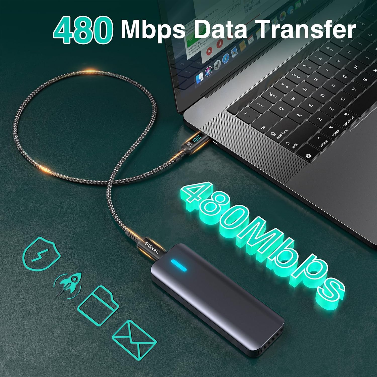 Detalle 2 de USB-C auf USB-C Kabel 100W mit LED, 2×2 m