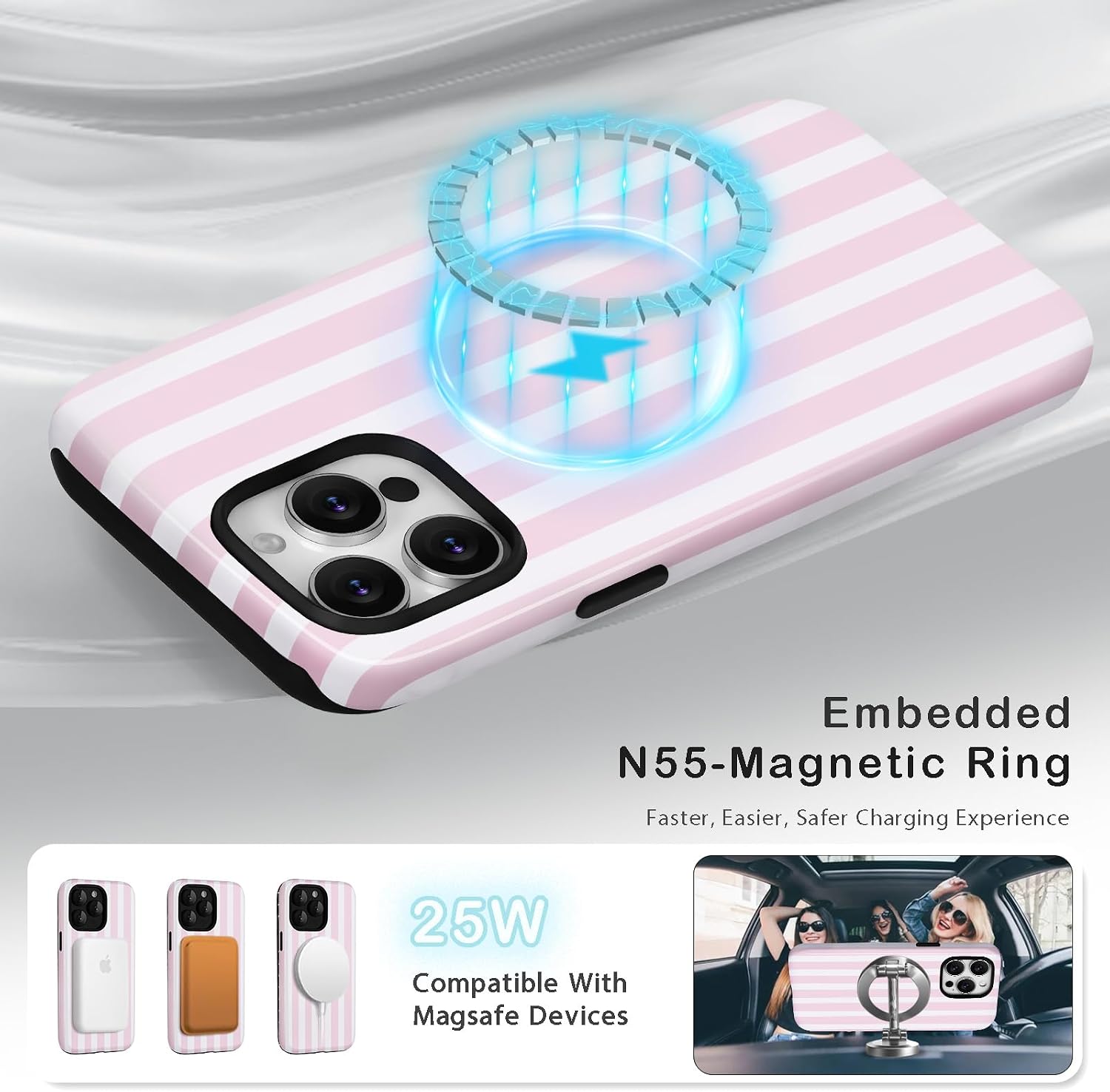 Thumbnail 3 de Amzfield iPhone 15 Pro Case with MagSafe, Dual-Layer Hybrid Protection (Pastel Pink, Striped Aesthetic)