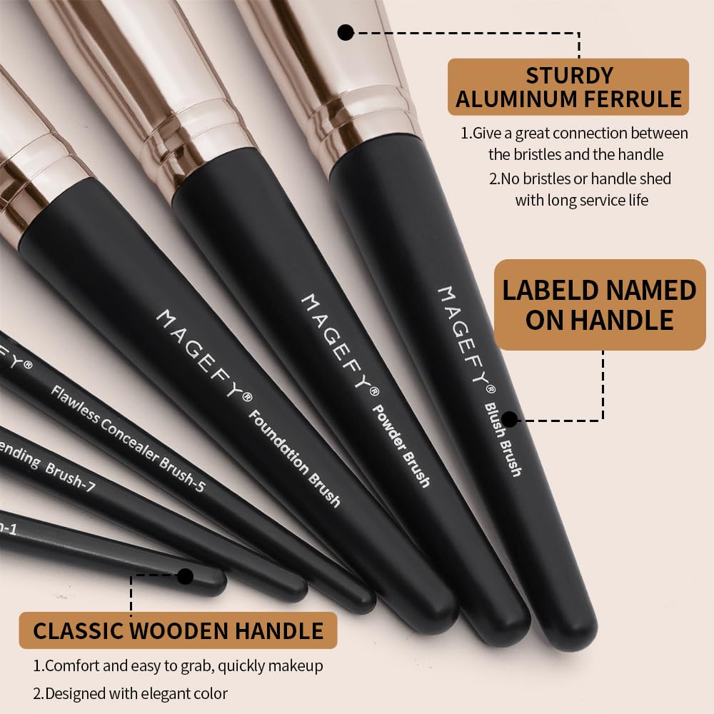 Detalle de MAGEFY Make-up-Pinsel-Set (22-teilig) mit synthetischen Borsten und PU-Ledertasche