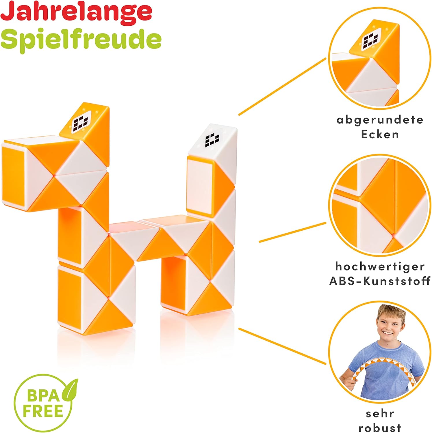Detalle 2 de CUBIDI® Original Magic Snake – 24 Blöcke in Orange: Knobelspiel ohne Elektronik für Kinder & Erwachsene