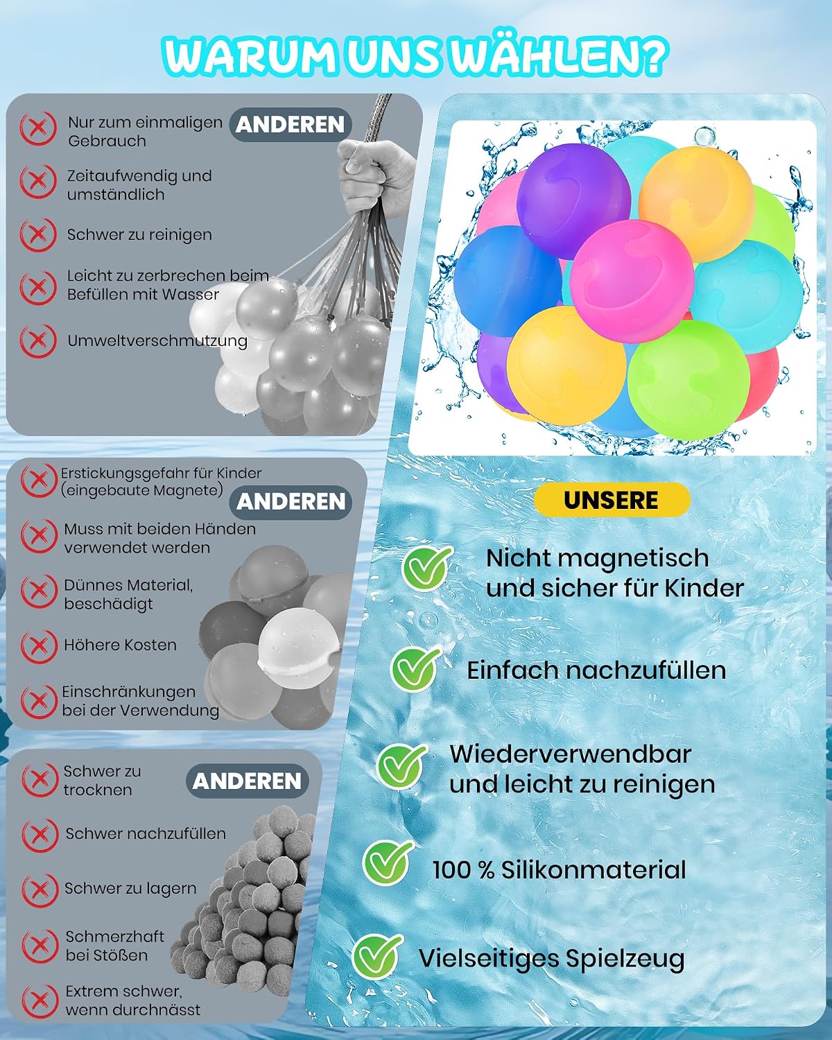 Detalle de 12 Stück Wasserbomben Wiederverwendbar – Sichere, selbstschließende Ballons aus Silikon