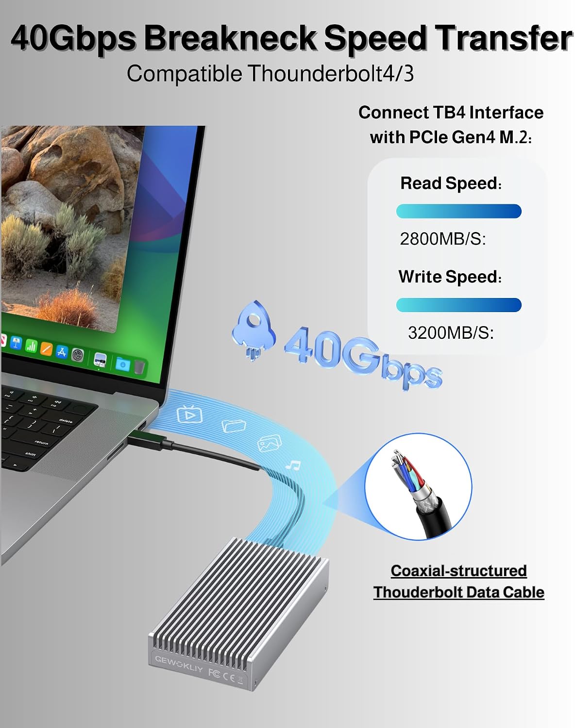 Detalle 2 de GEWOKLIY MC40-Silver: Geräuschloses 40 Gbit/s M.2 NVMe Gehäuse für Thunderbolt 4/3