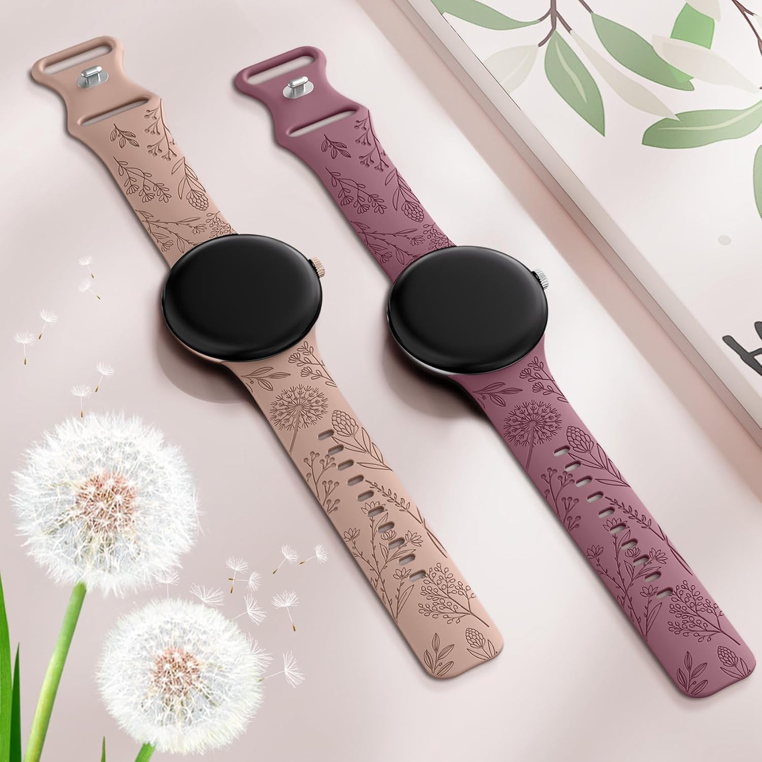 Detalle de TOYOUTHS 2-Pack Floral Engraved Strap for Google Pixel Watch (41mm) – Soft Silicone Sport Loop Bands
