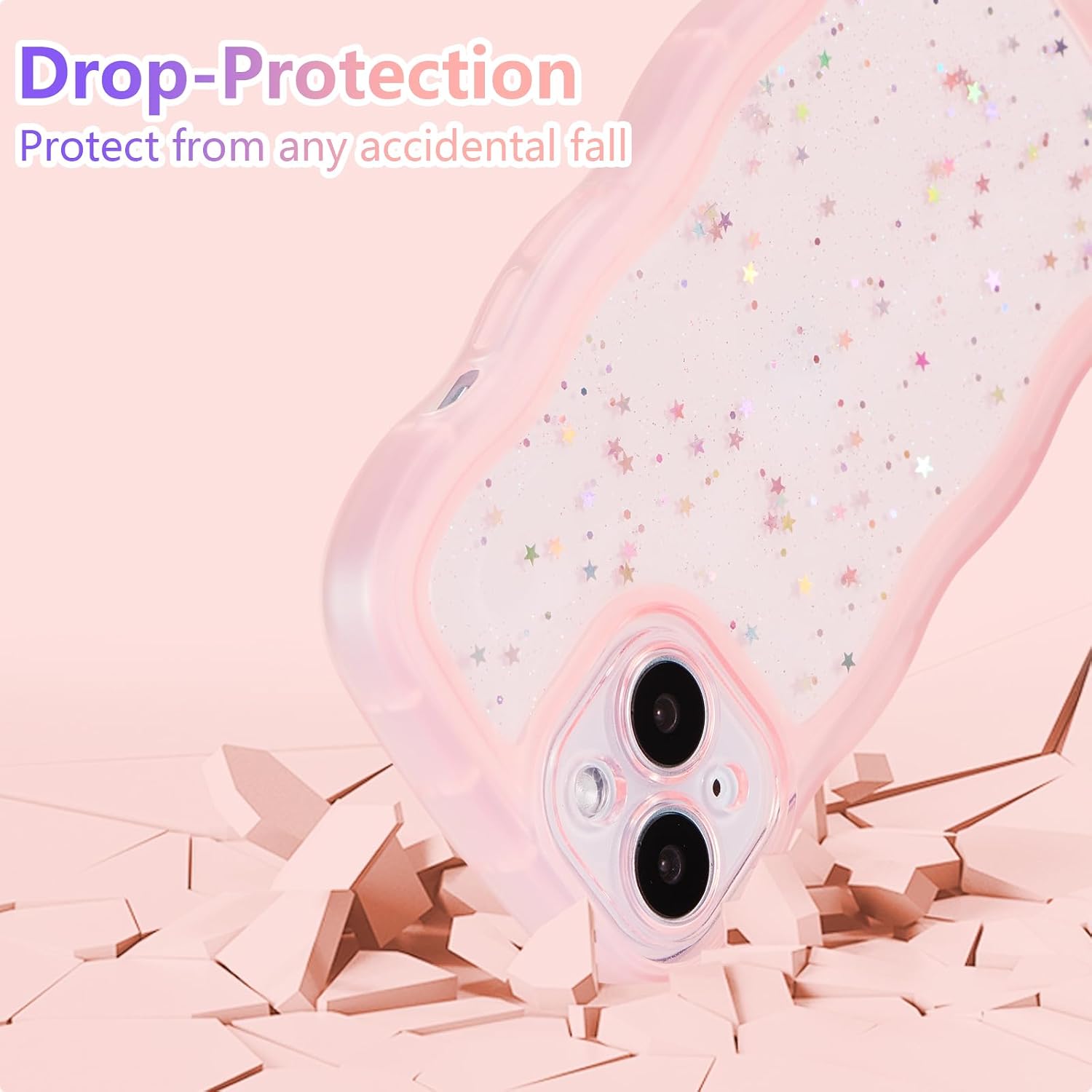 Detalle de ZTOFERA Handyhülle für iPhone 13 (6,1") – transparente TPU Schutzhülle mit Wellenrahmen, Sternen & rosa Rahmen