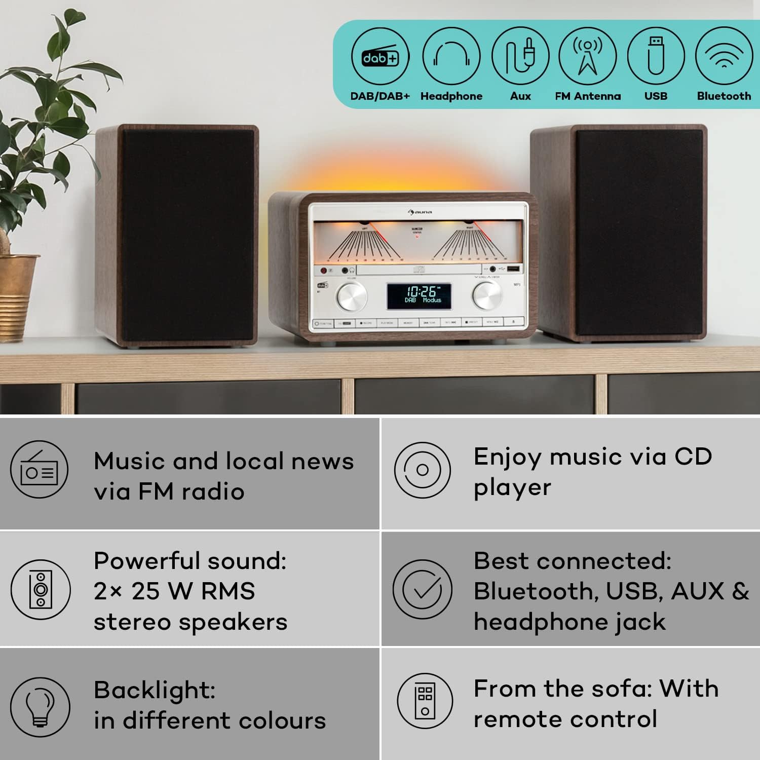 Detalle 2 de AUNA VU DAB Radio and CD Player with Bluetooth, DAB+ and 25W Speakers