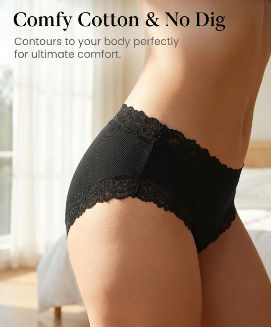 Detalle 2 de Knowyou Cotton Bikini Panties for Women, Low-Rise Lace Waist, 95% Cotton