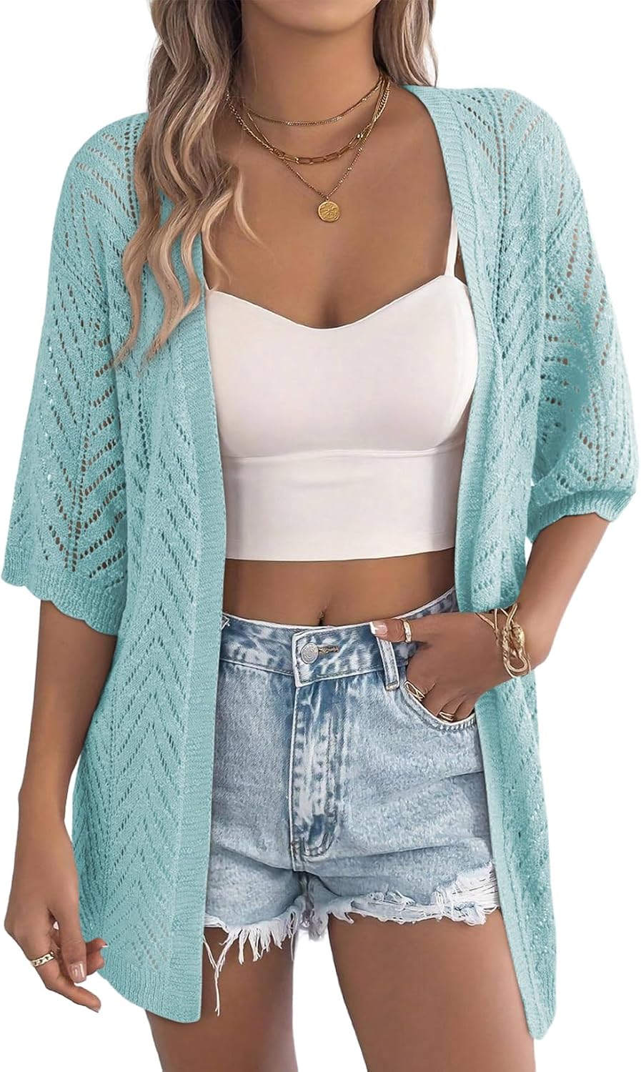 Thumbnail 6 de EVALESS Crochet Knit Cardigan: Boho Open-Front Short Sleeve Kimono
