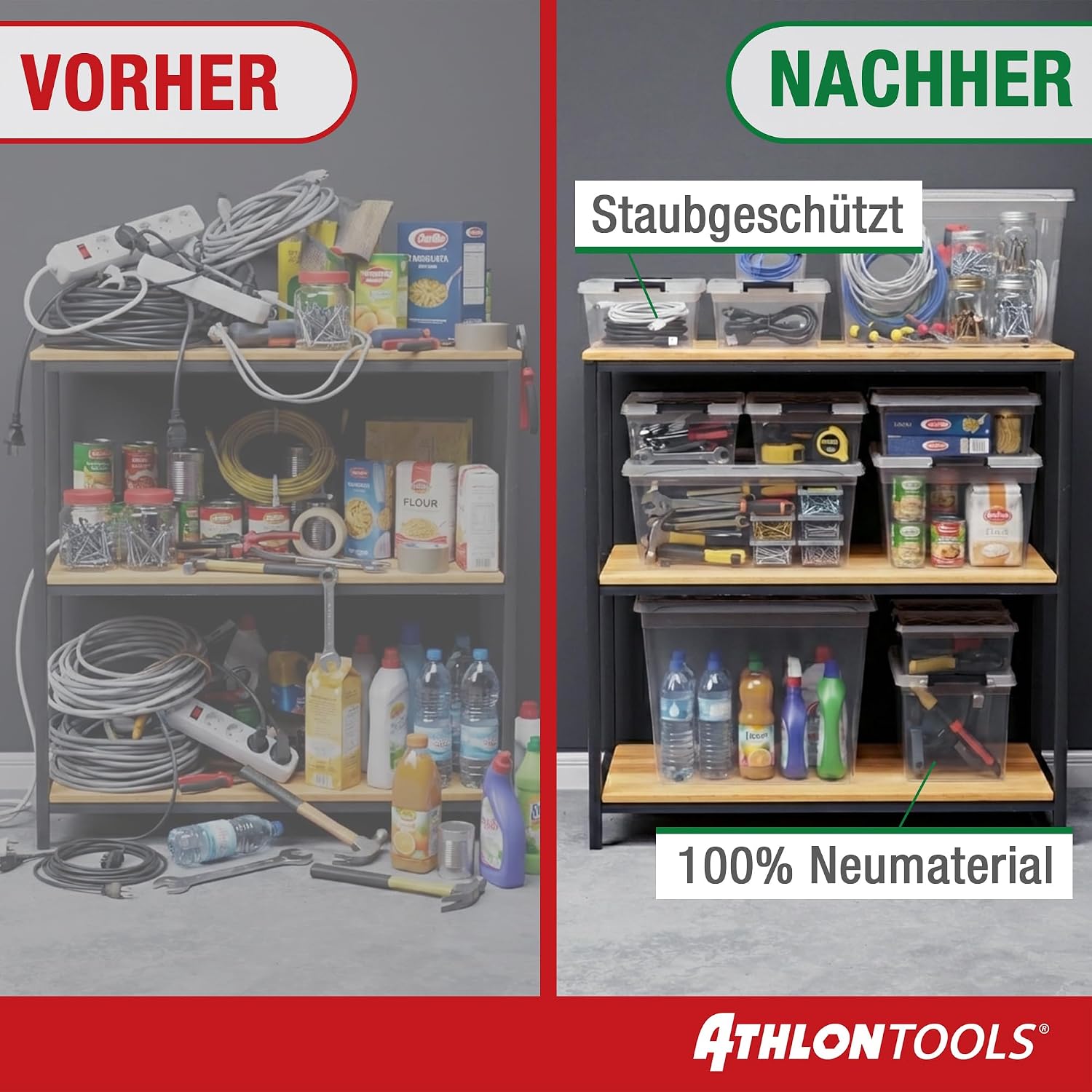 Detalle de ATHLON TOOLS 4x 12,5 L Aufbewahrungsboxen mit Deckel (transparent, lebensmittelecht, stapelbar)