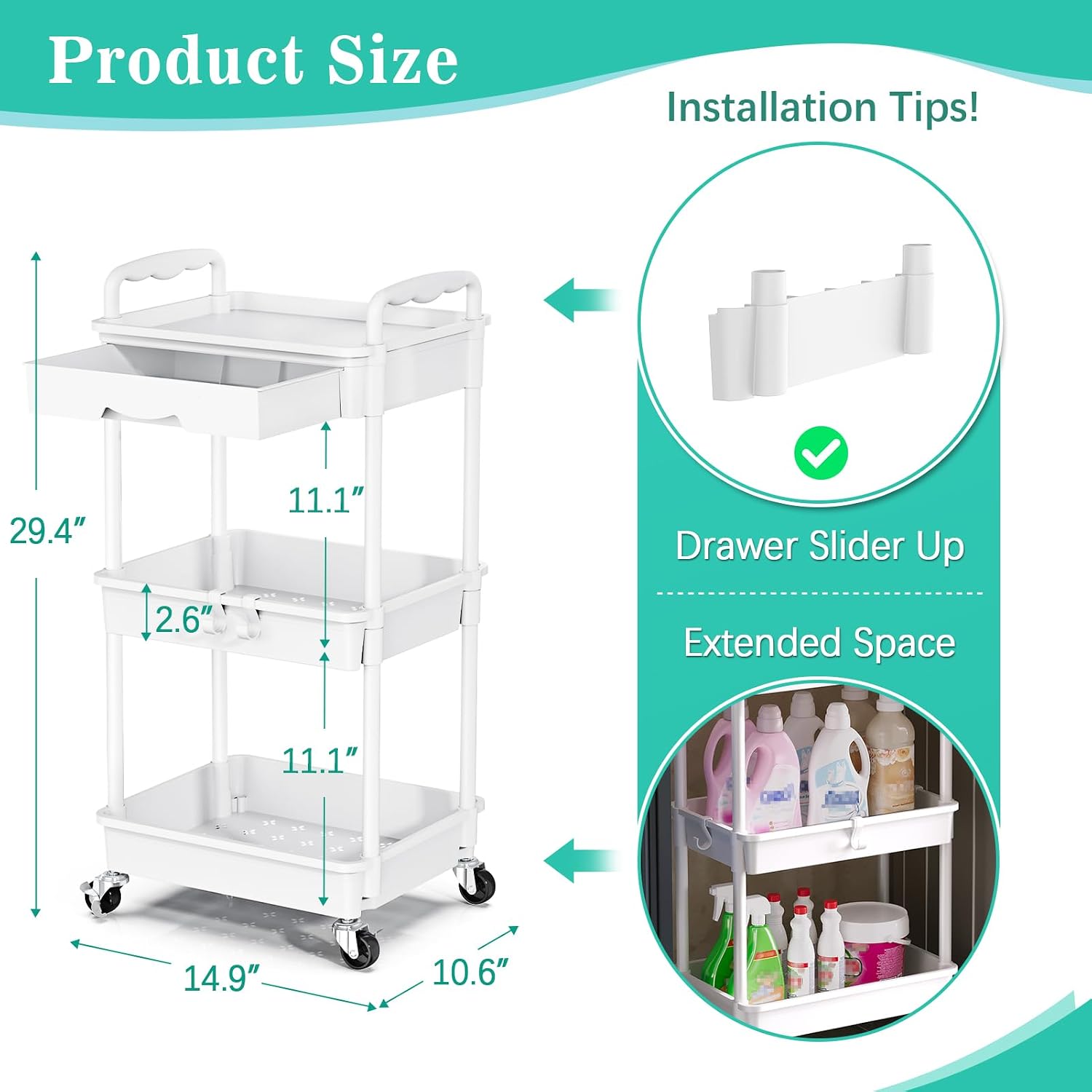 Detalle 2 de SUNALLY Rolling Cart, 3-Tier
